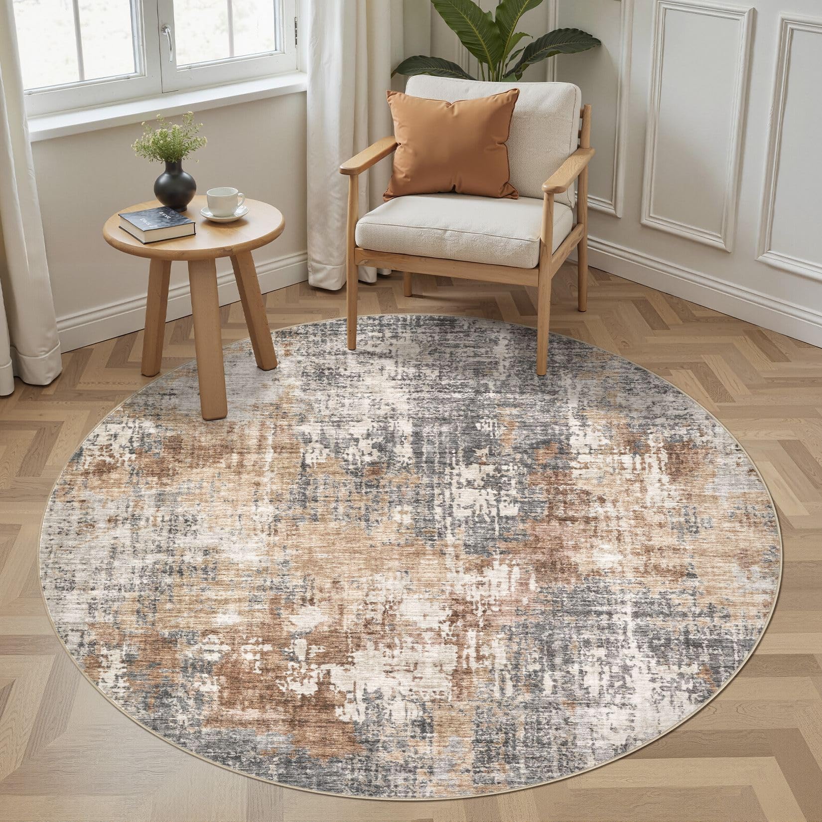 DMOYEST Round Rugs Living Room 160x160cm - Washable Abstract Modern Neutral Soft Non-Slip Low Pile & Pet Friendly Carpet for Bedroom Under Dining Table Home Office Decor - Grey Brown — image 1