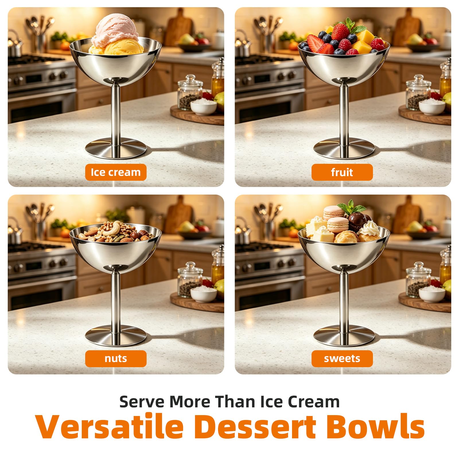 8 Stück Eisbecher, Eisschalen Eiscreme Dessertgläser mit Hohe Fuß, Vintage Edelstahl Dessertschale mit Fuß zum Servieren von Eis, Salat, Pudding und Obst für Partys, Dessertschalen aus 304 Edelstahl