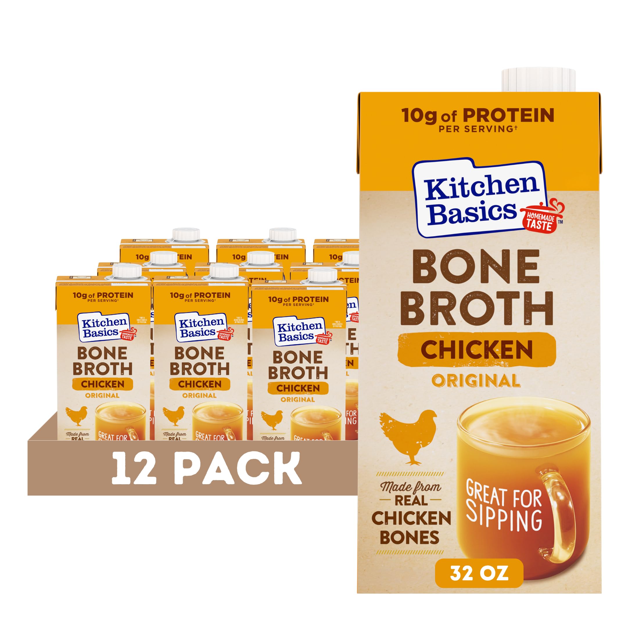 Kitchen BasicsChicken Bone Broth, 32oz (Pack of 12) - Perfect for Adding Flavor to Recipes and Stocking Up