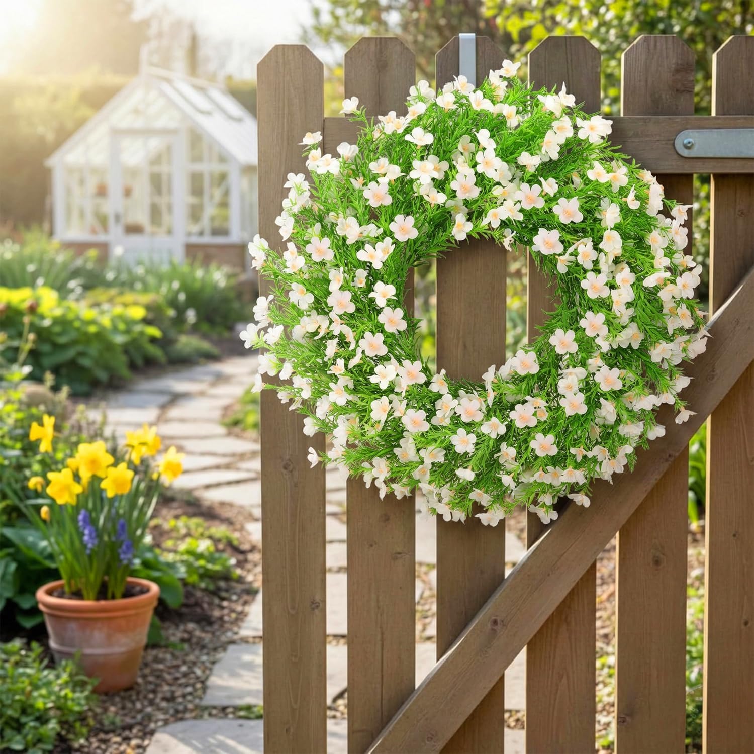 Spring Wreaths for Front Door 24 Inch Artificial Summer Wreath with Colorful Silk Flowers for Home Farmhouse Indoor Outdoor Wall Décor-White - Image 4