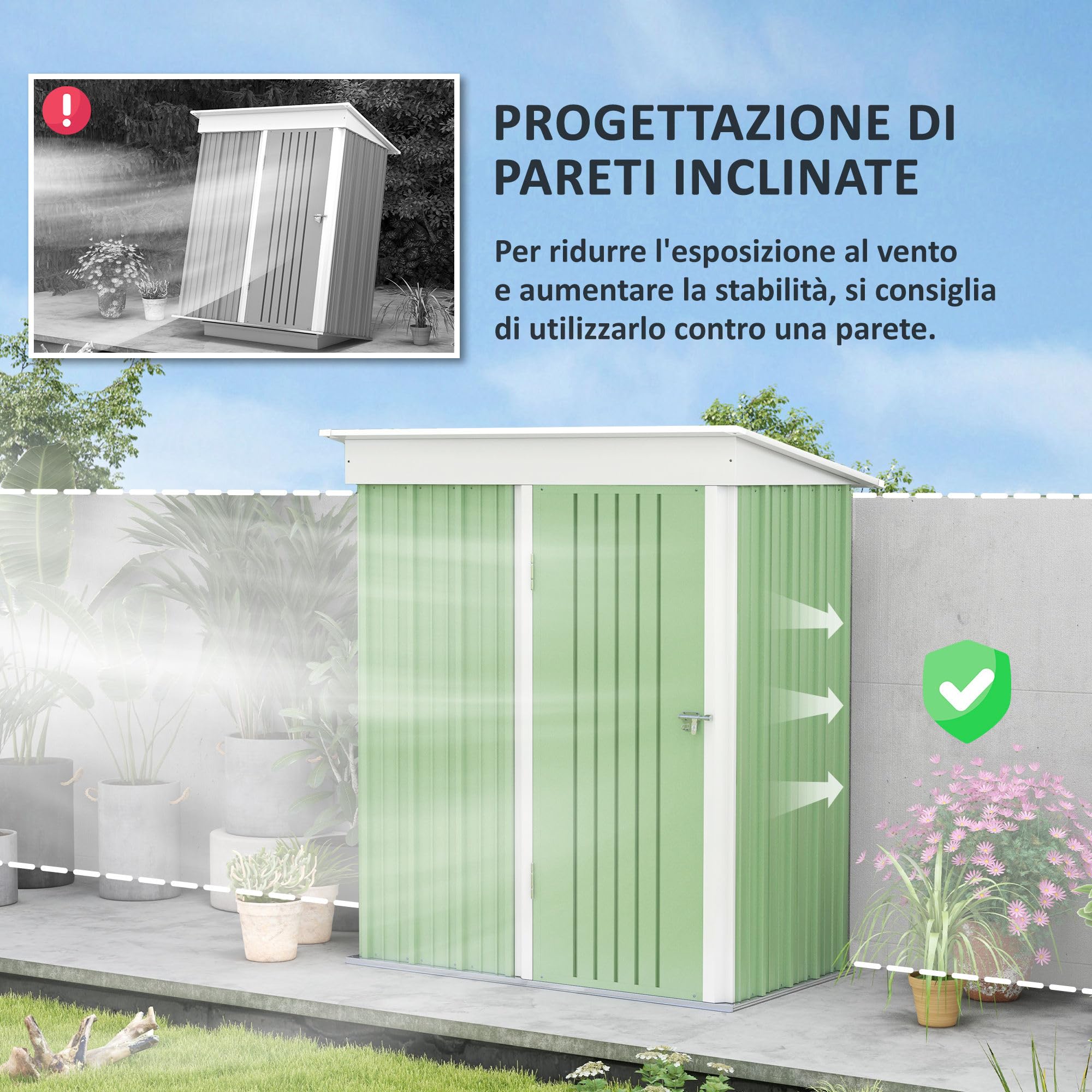 Outsunny Casetta da Giardino Piccola in Acciaio Porta Attrezzi, Armadio da Esterno con Porta Bloccabile, 161x95x163/181cm, Verde