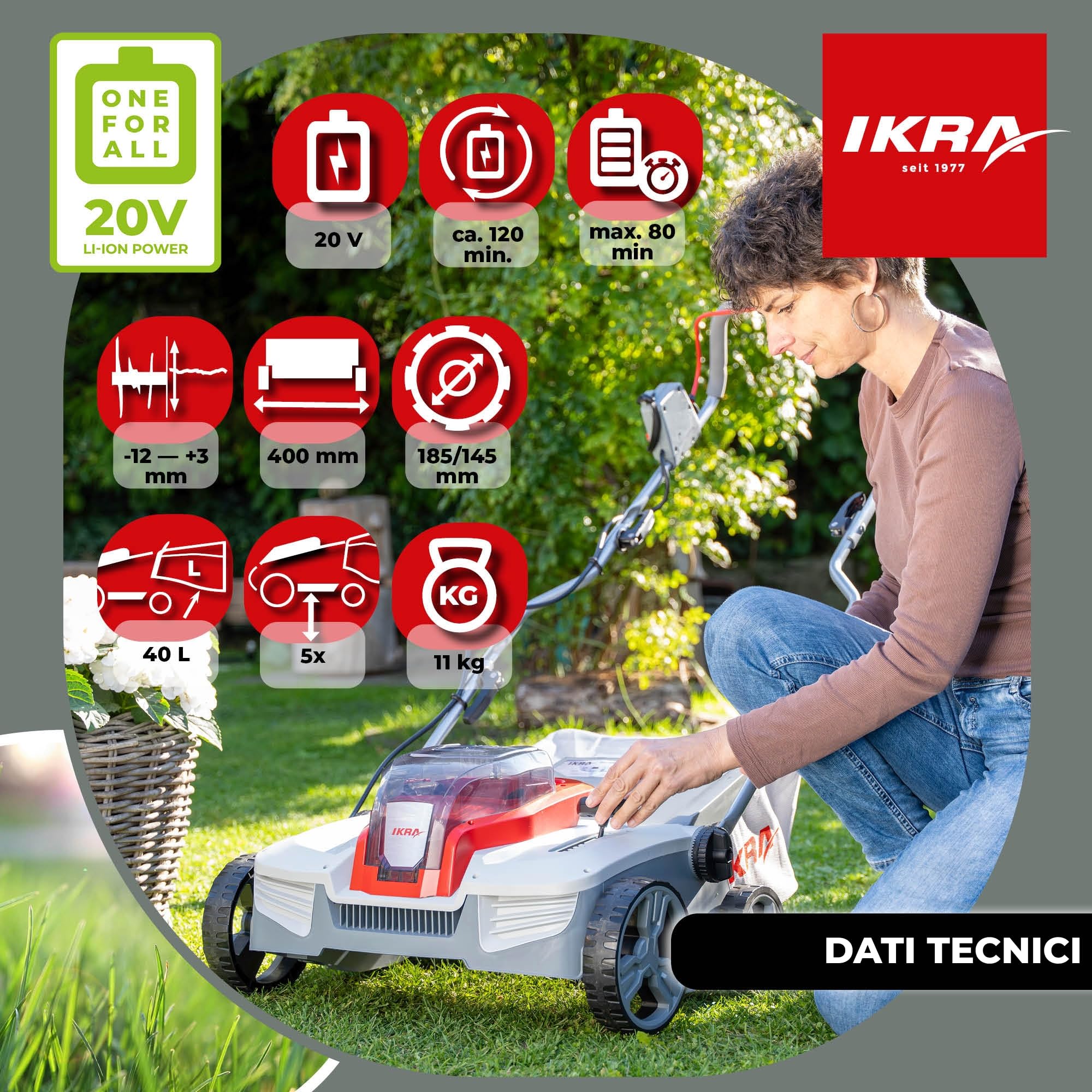 IKRA scarificatore arieggiatore a batteria 3in1 IAVL 2-2040, larghezza 40cm | Inclusi 2 batterie 20V 4,0Ah e caricatore rapido, cesto 40 l, +12/-3 mm, cambio rullo senza attrezzi, IKRA 20V