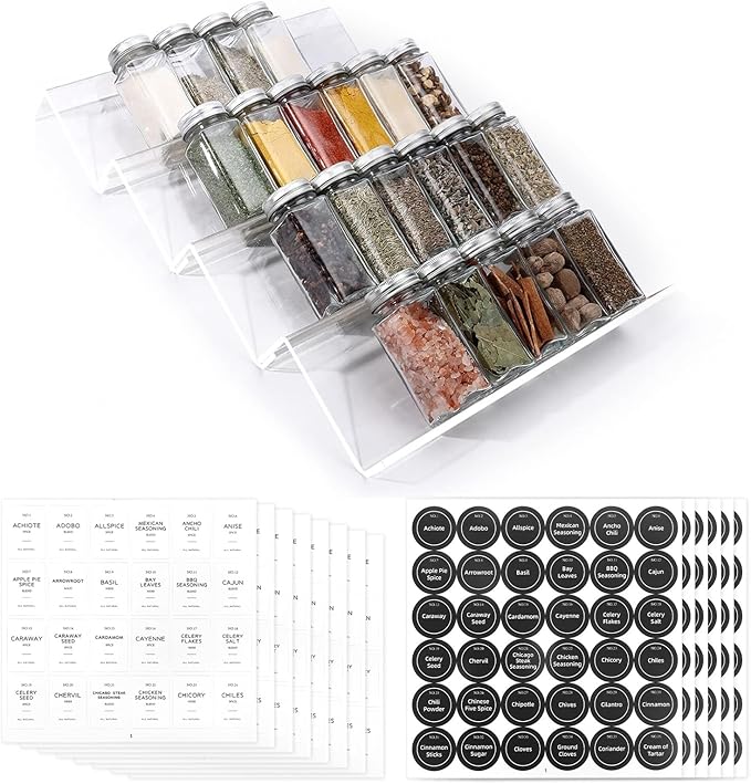 Viymgit Spice Drawer Organiser with 28 Jars, 348 Labels, 4oz Glass Spice Containers with Shaker Lids 4 Tier Clear Acrylic Seasoning Rack Tray Insert for Kitchen Drawers : Amazon.co.uk: Home & Kitchen