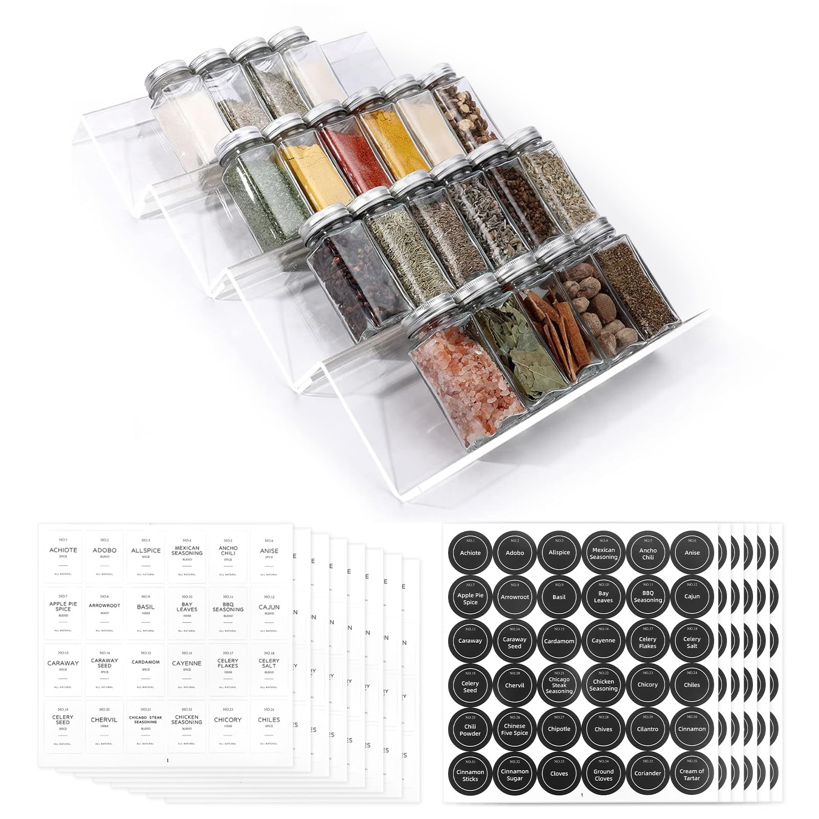 Viymgit Spice Drawer Organiser with 28 Jars, 348 Labels, 4oz Glass Spice Containers with Shaker Lids 4 Tier Clear Acrylic Seasoning Rack Tray Insert for Kitchen Drawers