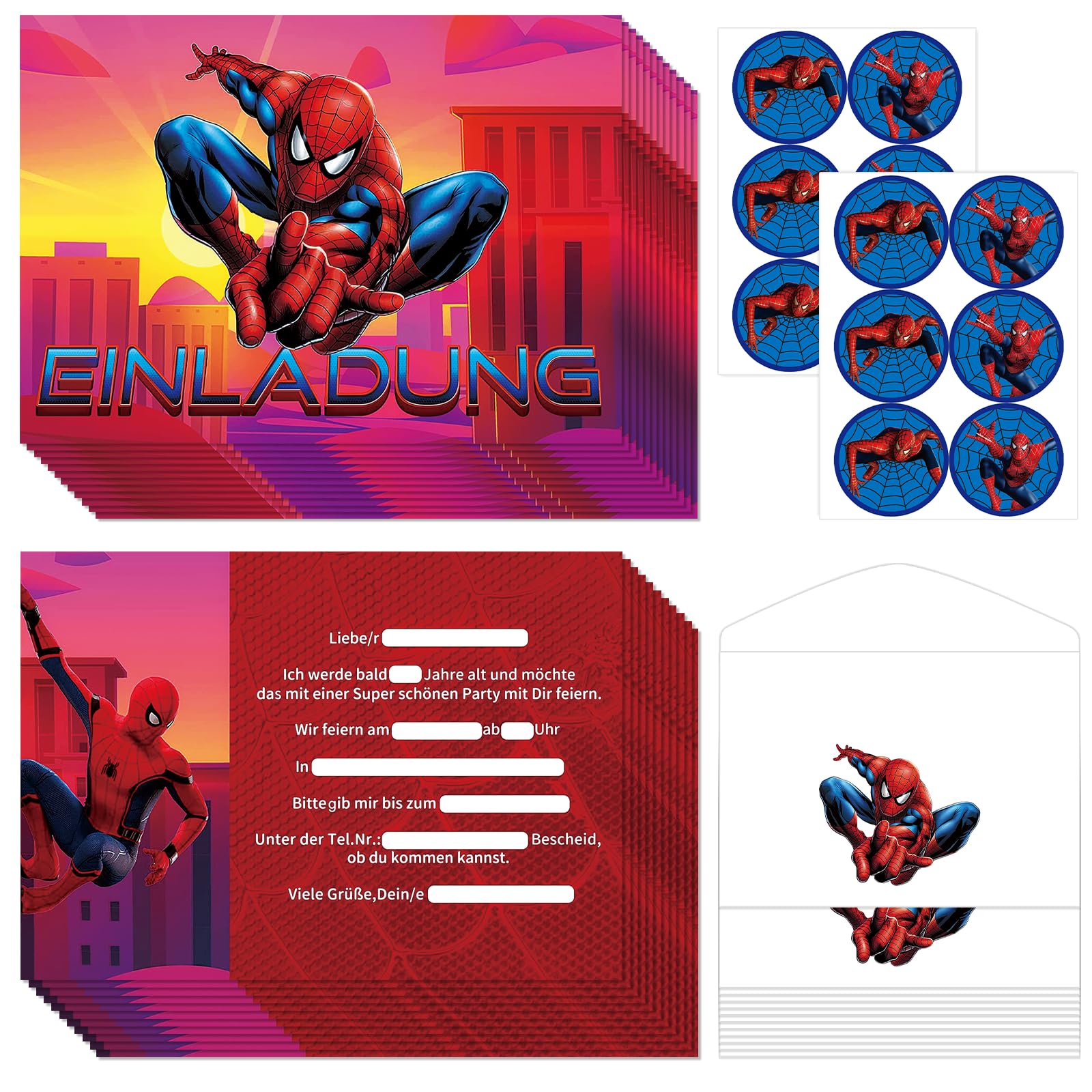 16 Cartes D'invitation Spider-Man - Avec Enveloppes - Pour Anniversaire Enfants - 15x10.5cm - Papier Qualité