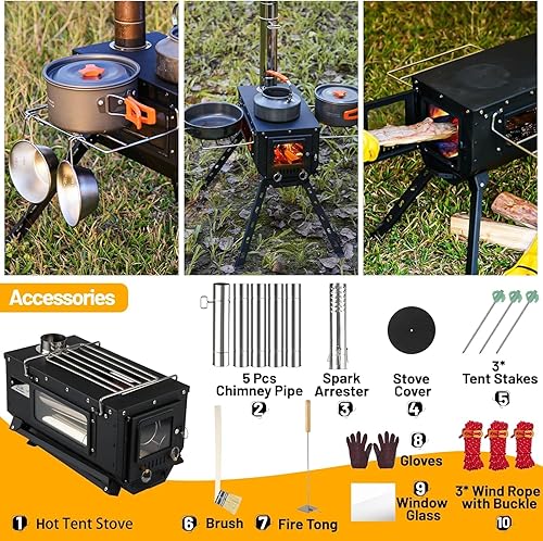 Miniatura 6 de Estufa de tienda AVOFOREST Estufa de leña con pies altos, estufa portátil de tienda caliente con 6 tubos de chimenea de acero inoxidable para