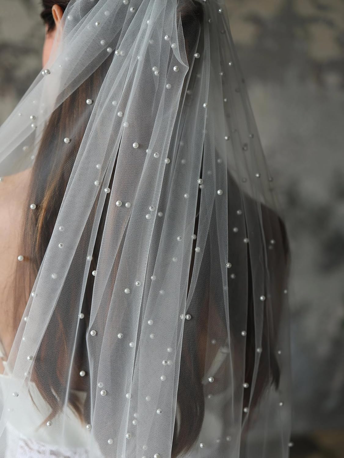 Womens 1 Tier Fingertip Length Pearl Wedding Bridal Veil With Comb X01 - Image 2