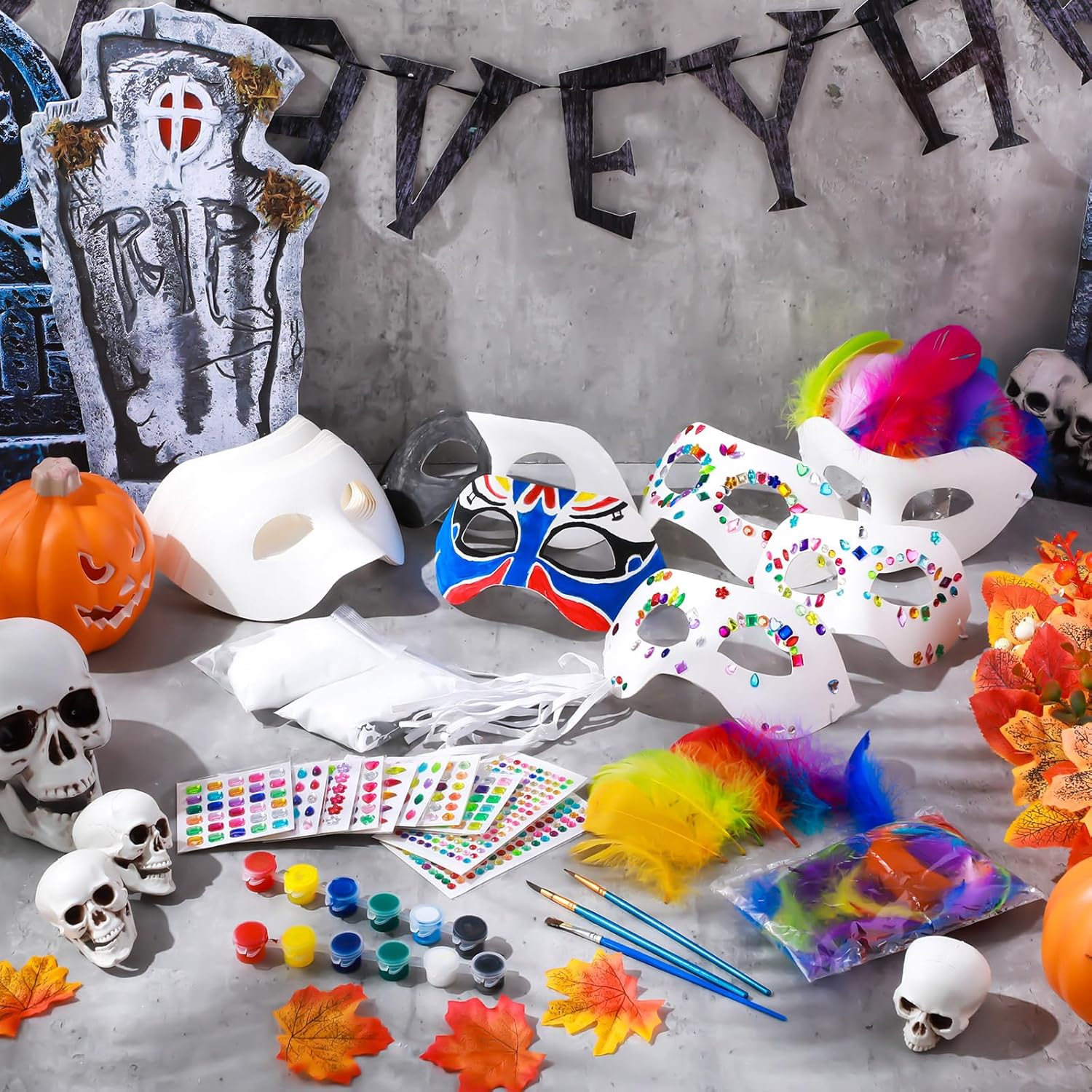 Leyndo 24 Pack Paper Mache Mask White Craft Masquerade Mask with Gem Sticker and Feather DIY Blank Mardi Gras Cosplay