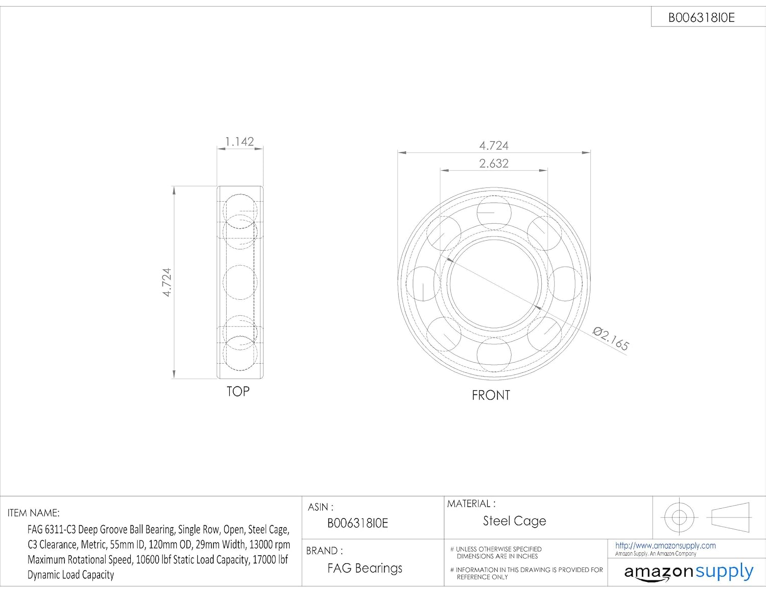 FAG 6311-C3 Deep Groove Ball Bearing, Single Row, Open, Steel Cage, C3 Clearance, Metric, 55mm ID, 120mm OD, 29mm Width, 13000 rpm Maximum Rotational Speed, 10600 lbf Static Load Capacity, 17000 lbf Dynamic Load Capacity