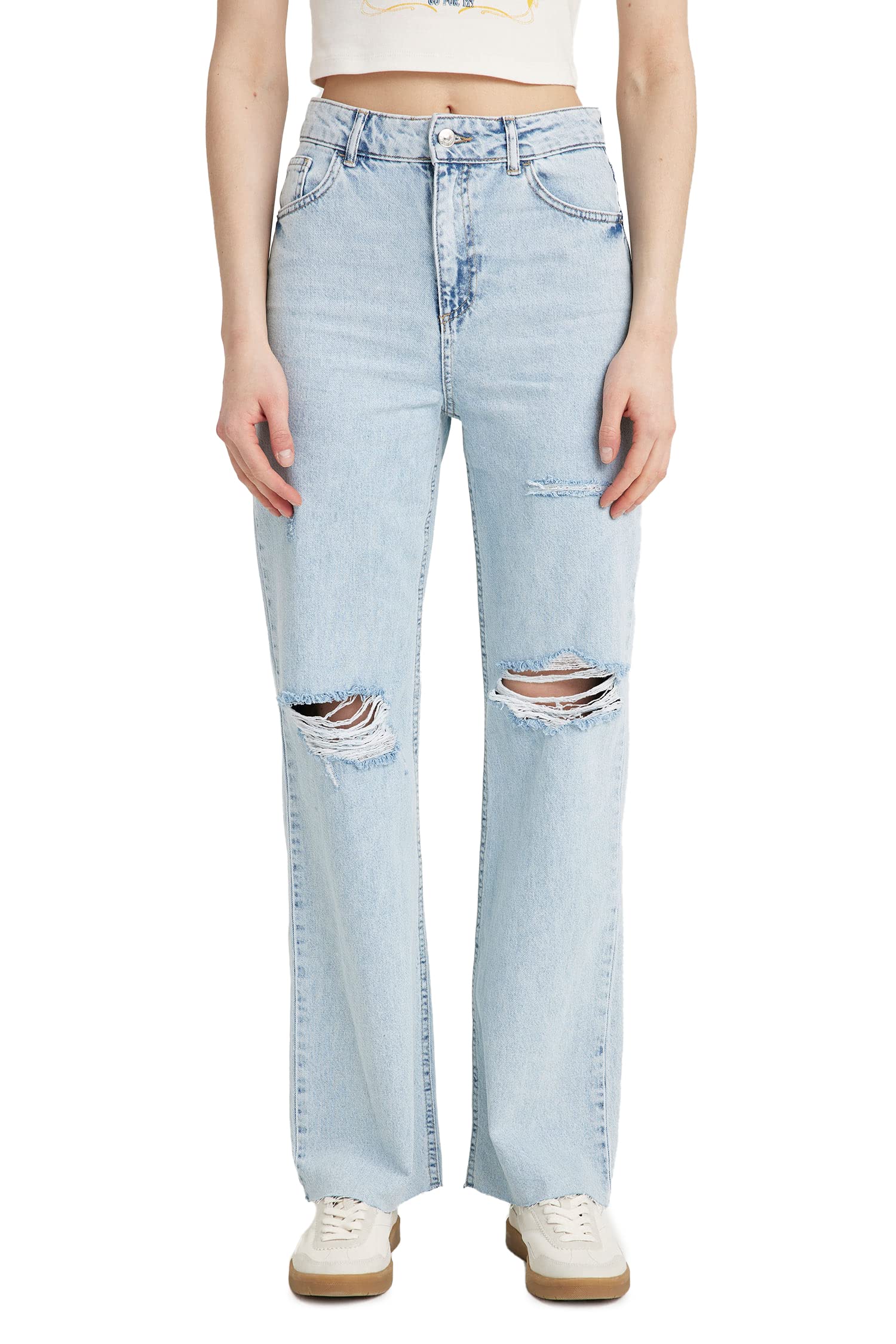 Kadın 90's Wide Leg Yırtık Detaylı Kesik Uçlu Paça Jean Uzun Pantolon