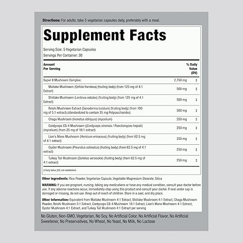Miniatura 2 de Piping Rock Cápsulas complejas de hongos | 2750 mg | 150 píldoras | Mezcla de 8 extractos de hongos | Suplemento herbario | Sin OMG, sin gluten,