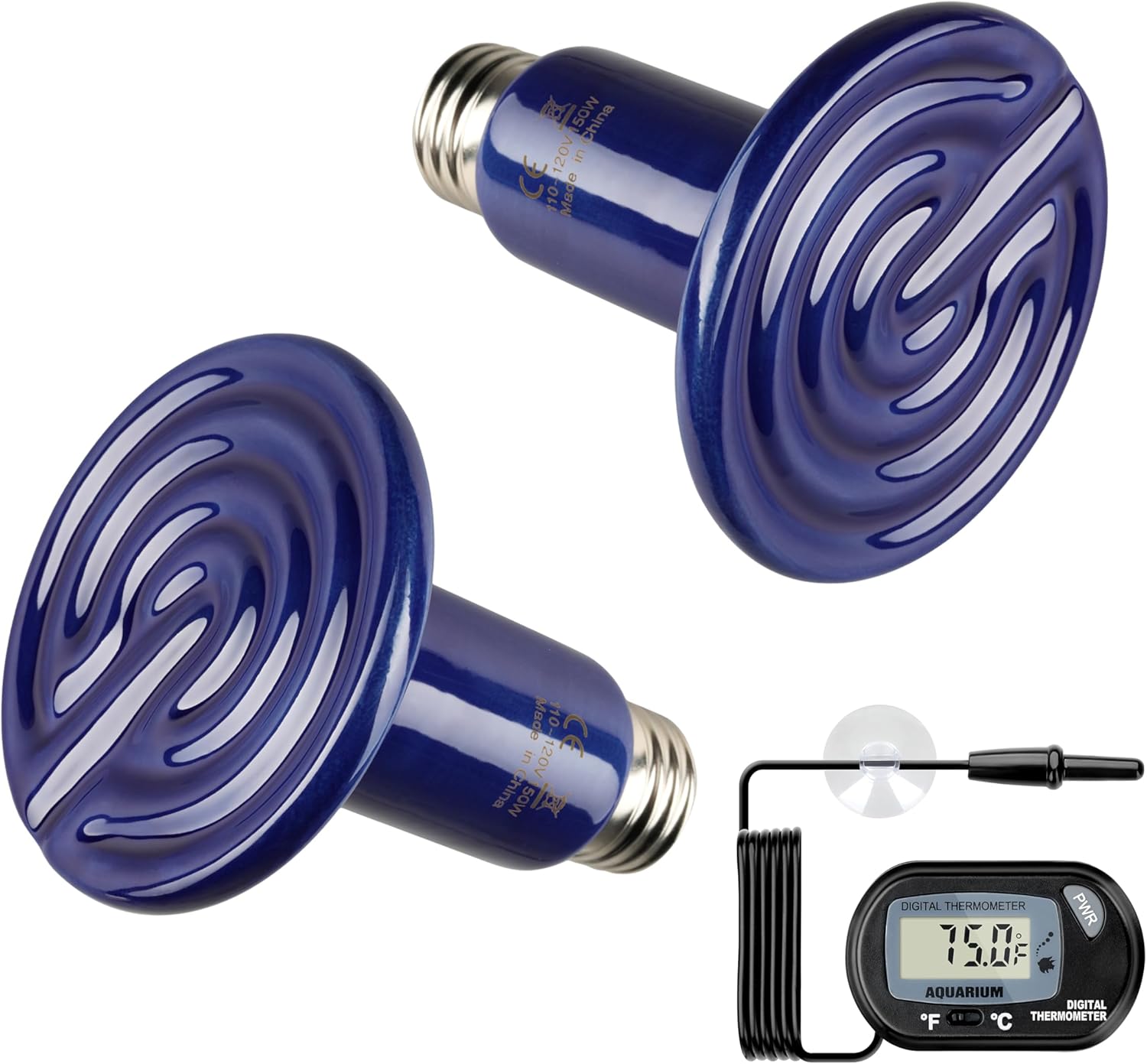 Simple Deluxe 150W 2-Pack Ceramic Heat Emitter Reptile Heat Bulb No Light, LCD Digital Aquarium Thermometer, for Reptile Amphibian, 2 Pack + Thermometer, Royal Blue