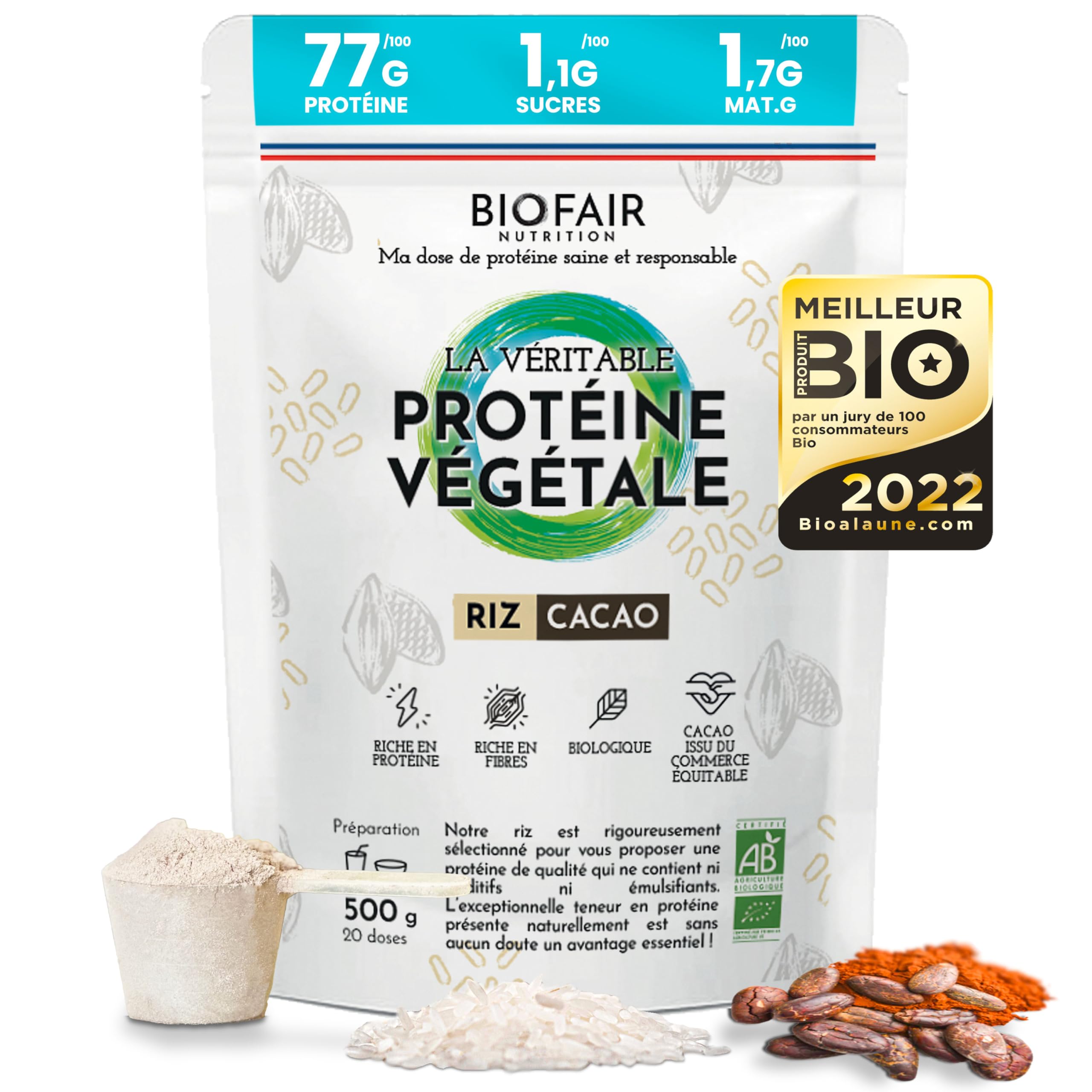 Protéine Vegan, Végétale et Bio - À Base de Riz Bio et Cacao - Saine, 100% Naturelle et Responsable - 20 Doses de 25 Gr - 500 Gr