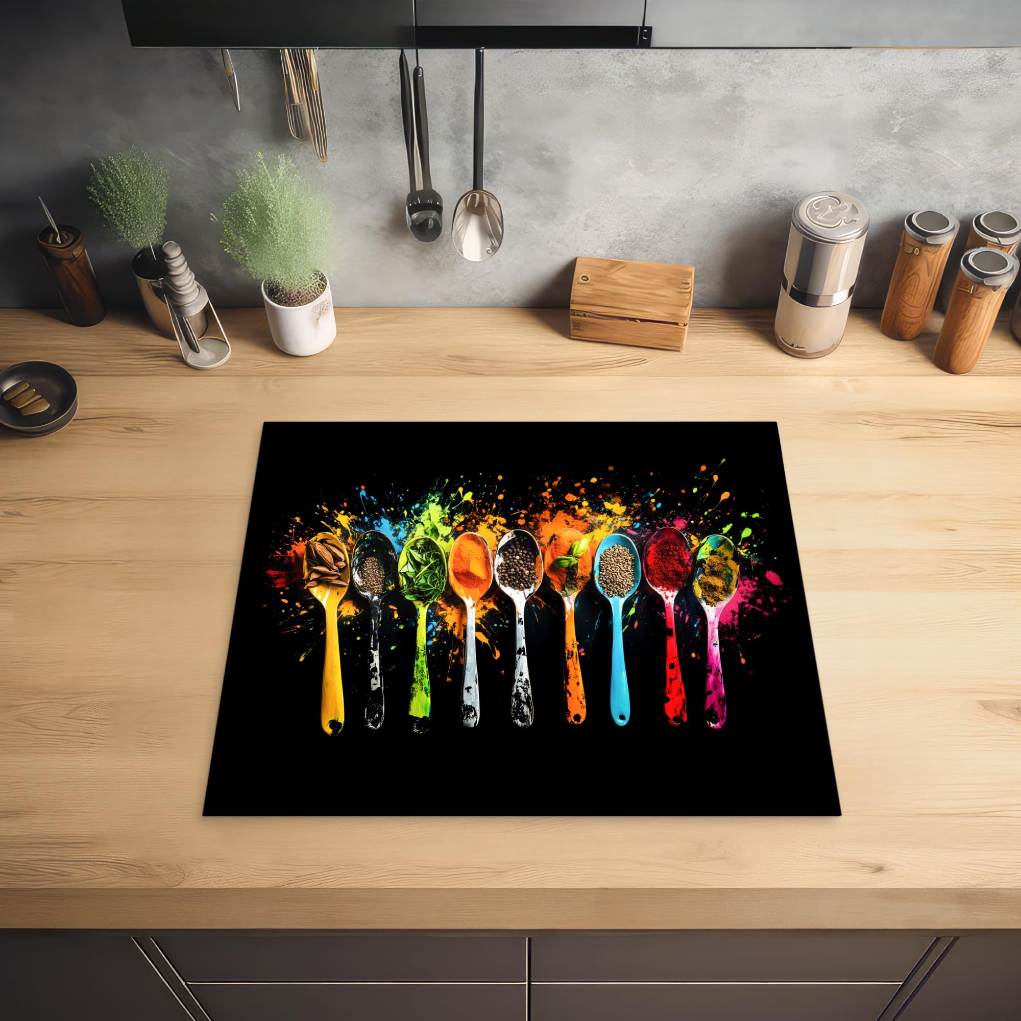 KitchenYeah© Coperchio Piano Cottura 60x52 cm Cucina Copri Fornelli Tappetino Induzione Antiscivolo Piastra Protezione Cucchiai - Spezie - Moderno - Graffiti - Colore