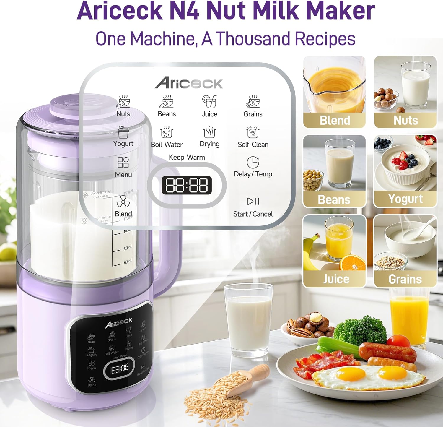 N4 Nut Milk Maker, 50OZ Automatic Plant-Based Milk Machine for Homemade Almond, Oat, Soy Yogurt & Dairy-Free Beverages, Smart Preset Modes, Quick Self Clean & Multifunctional Design Purple-1