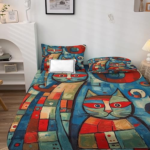 Miniatura 2 de Sábanas de gato tamaño King, sábanas de cama con pintura al óleo, sábanas y fundas de almohada estampadas de 4 piezas, sábana bajera ajustable de
