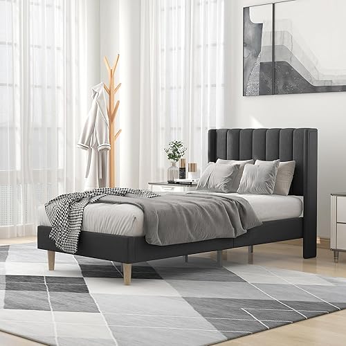 Miniatura 21 de alazyhome - Marco de cama tapizado de plataforma tamaño Queen con cabecera, soporte de listones de madera, sin ruido, fácil montaje, terciopelo