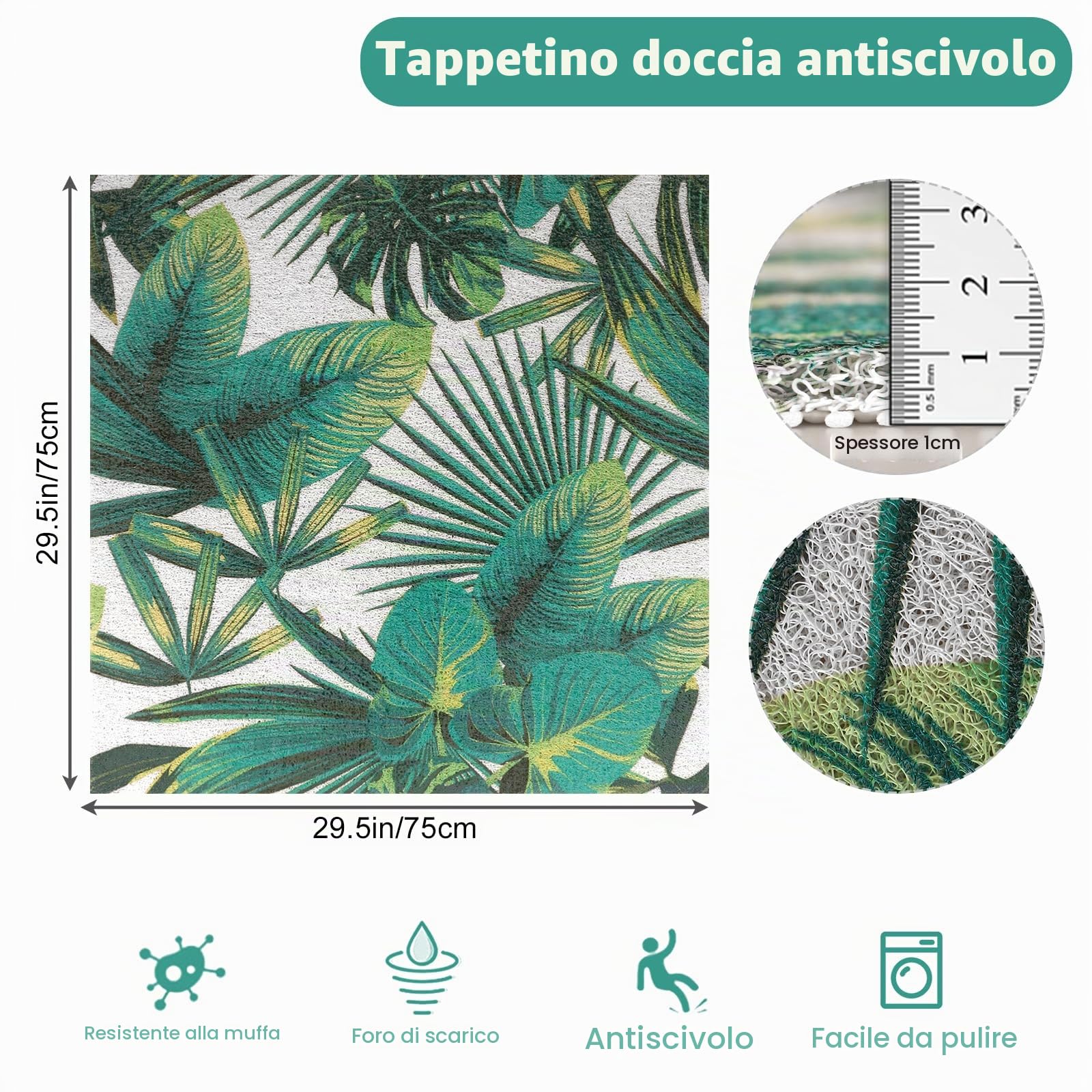Tappetino da doccia antiscivolo, 75 x 75 cm, in PVC, morbido e confortevole, antiscivolo, ad asciugatura rapida, antiscivolo, per piatti doccia (verde B, 75 x 75 cm)