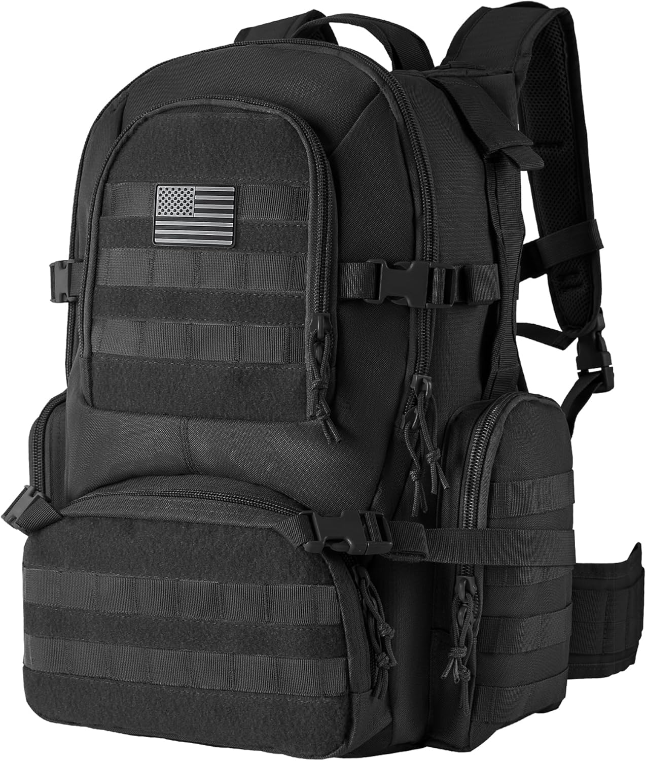 Hannibal Tactical MOLLE Assault Backpack, 52L Tactical Backpack Military Army Camping Rucksack, 3-Day Pack Trip, Black with Grey Patch