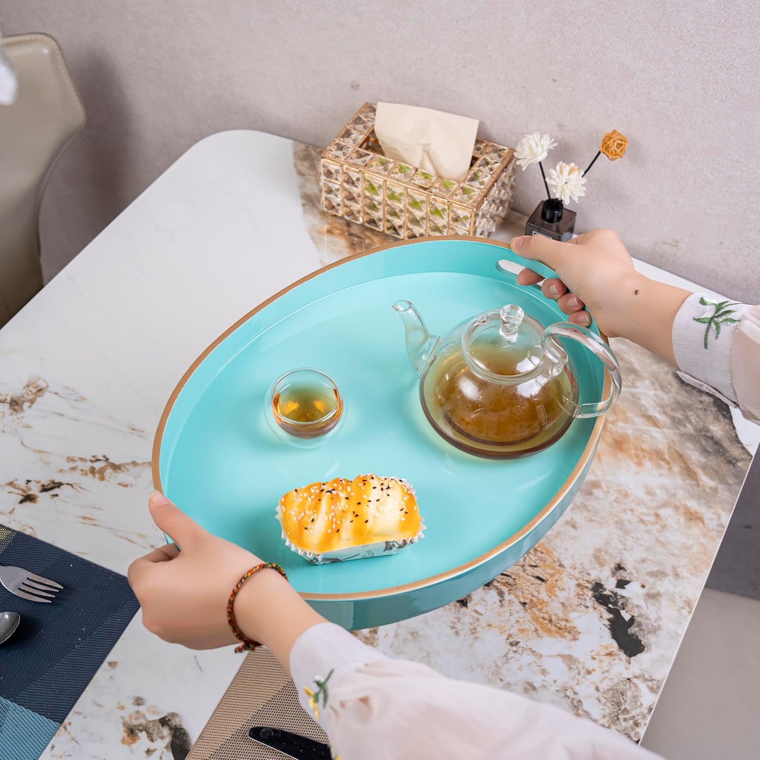 PEMAR 15.7" x 11.8" Oval Lacquer Serving Tray, Handmade Polished Coffee Table Tray w Insert Handles, Luxury Decorative Platters for Dining, Party, Dinner, Breakfast in Bed (Aqua)