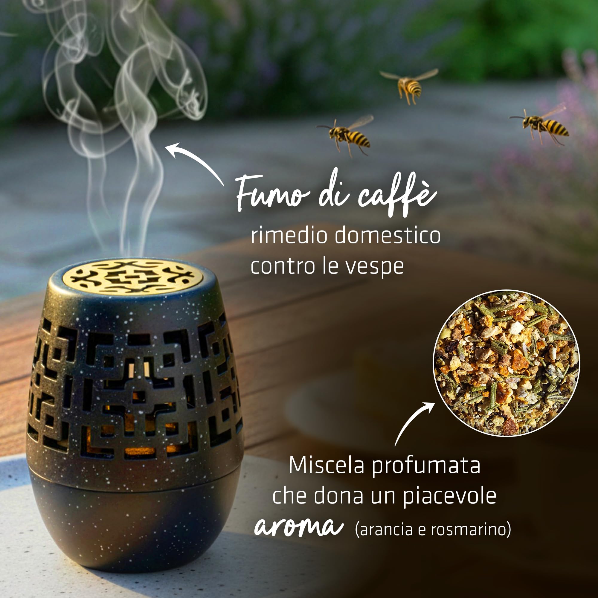 Gardigo® Repellente Vespe | Aroma di caffè e Miscela di Arancia e Rosmarino | Anti Vespe | Allontana Insetti col caffè | Incensiere Brucia Incenso Antivespe
