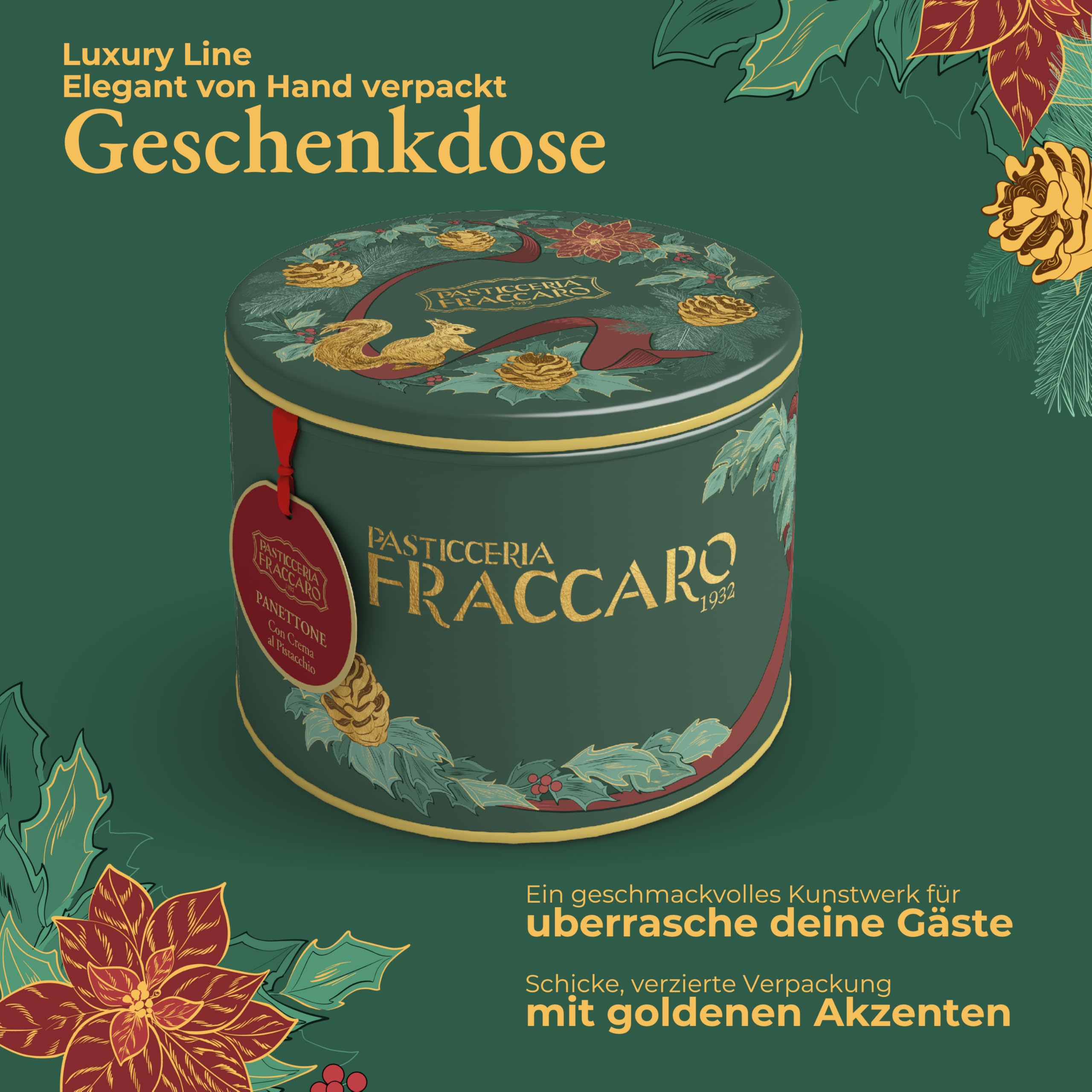 Handwerklicher Pistazien-Panettone 750 g, Pasticceria Fraccaro 1932, gefüllt mit Pistaziencreme, ohne kandierte Früchte und Rosinen, dunkle Schokolade und sizilianische Pistazienkruste, mit Mutterhefe