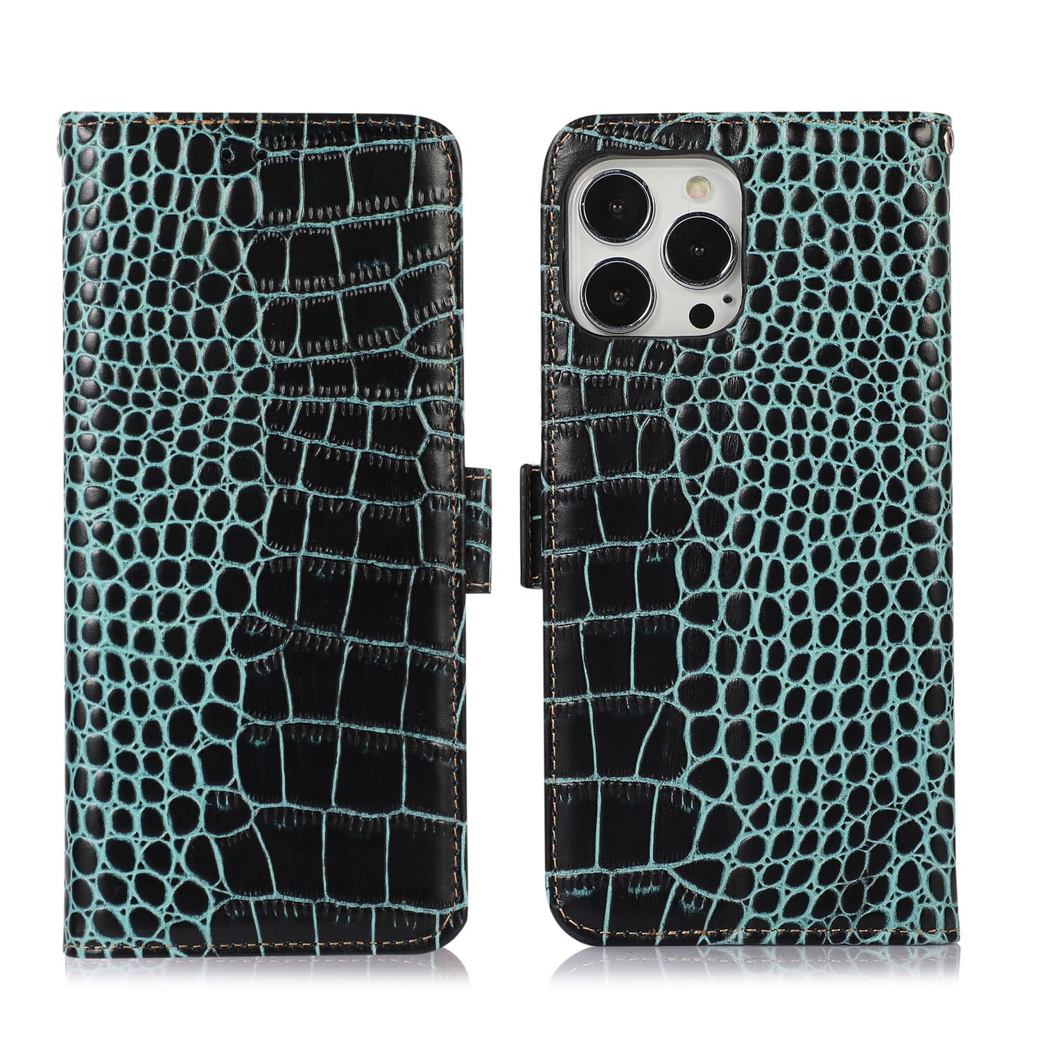 Étui iPhone 16 en cuir véritable vert à rabat magnétique - 8