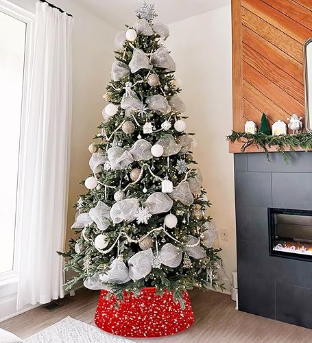 Miniatura 5 de Falda de árbol de Navidad roja con lentejuelas y lentejuelas de 23.6 pulgadas, faldas de terciopelo con purpurina para árbol de Navidad, anillo de