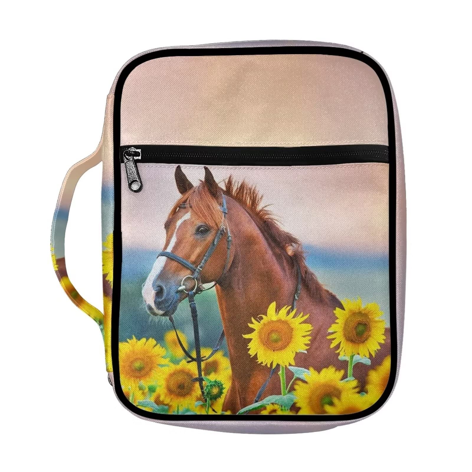 Drydeepin Sunflower Horse Design Bible Case with Handle Large Capacity Zippered Bible Covers for Women and Girls Bible Protective Bag Church Tote Bag Carrying Book Case