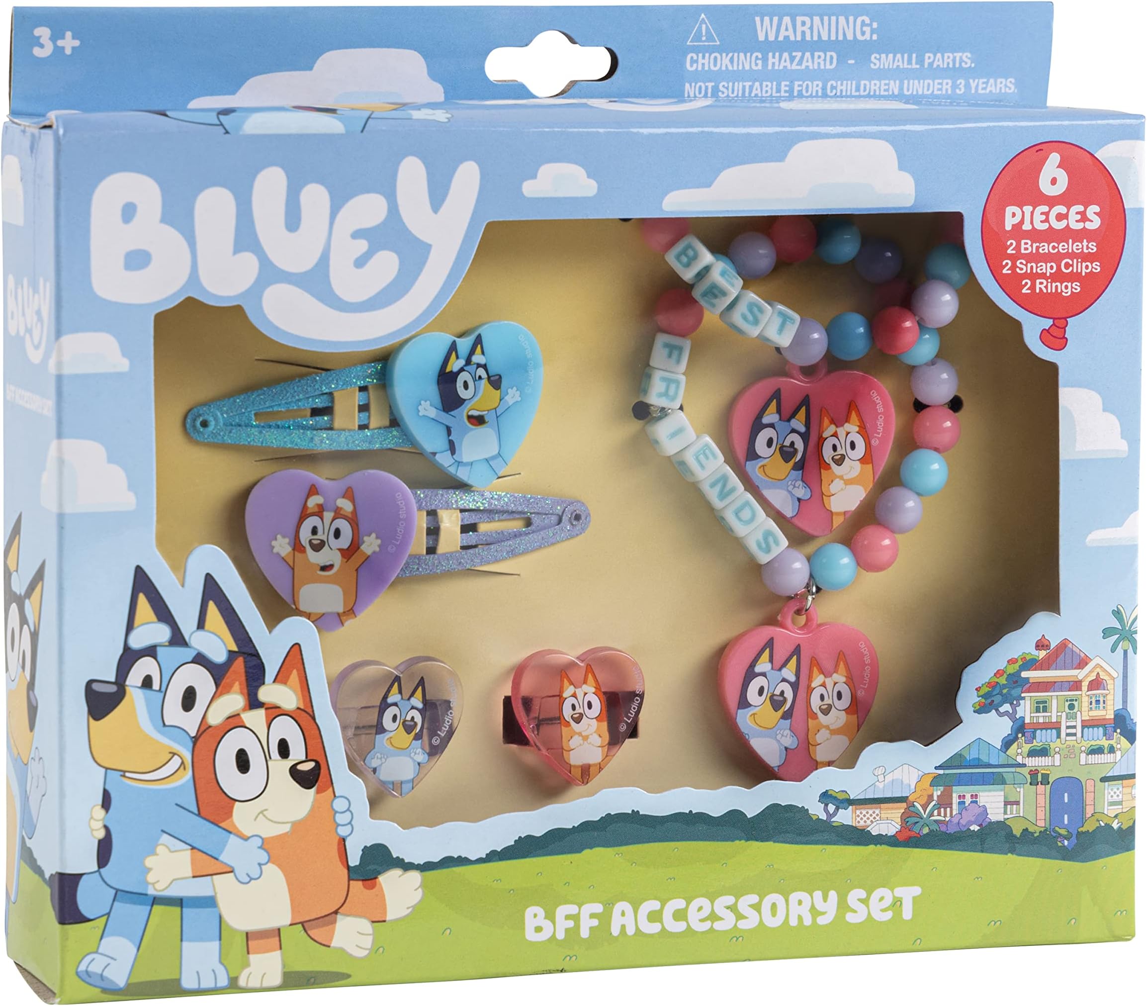 Luv Her Bluey Girls BFF 6 Piece Toy Jewelry Box Set with 2 Rings, 2 Beads Bracelets and Snap Hair Clips for Ages 3+