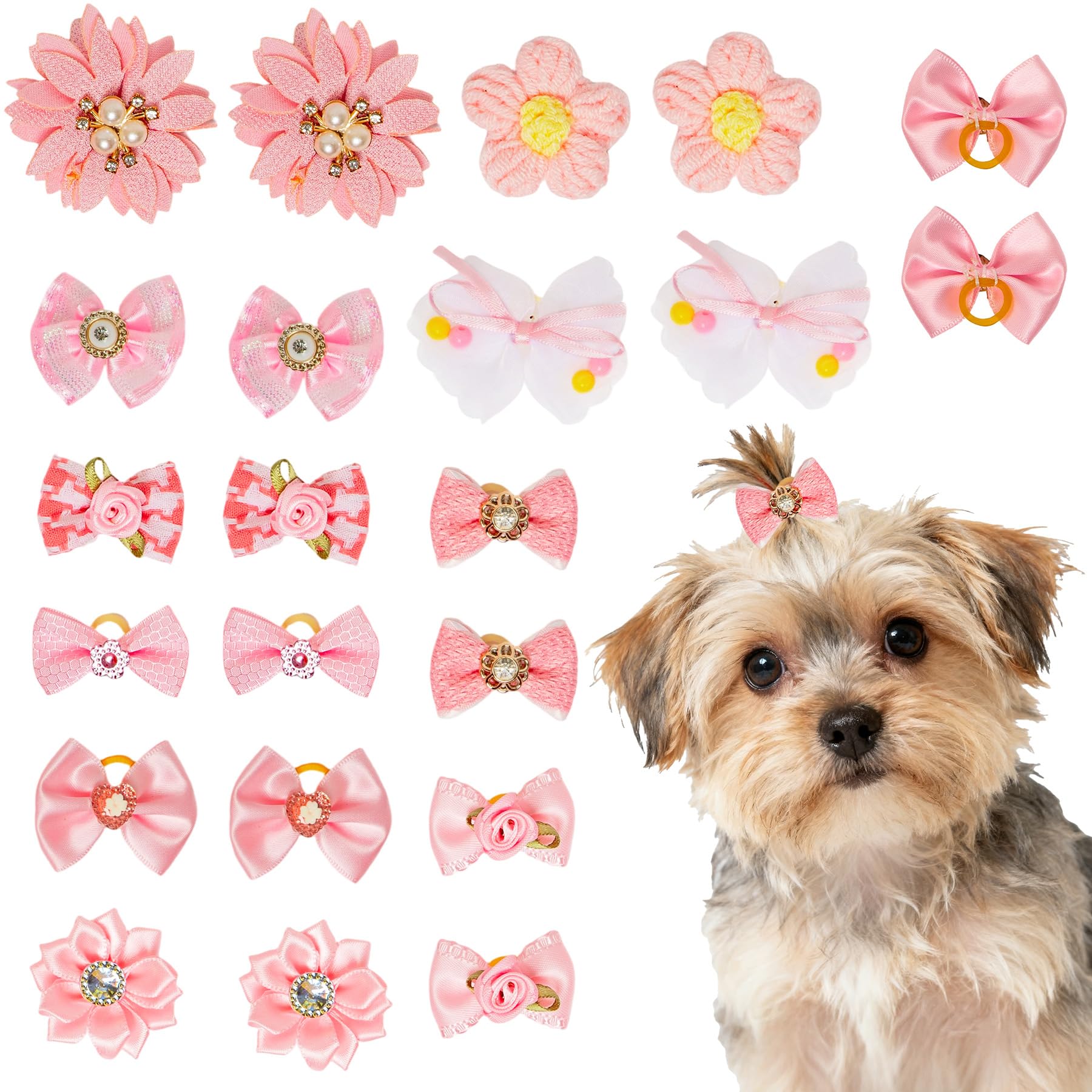 RAORAOYUE 20pcs Light Pink Small Dog Hair Bows, Bulk With Rubber Bands Elastic Lace Rhinestone Pearls Hair Ties