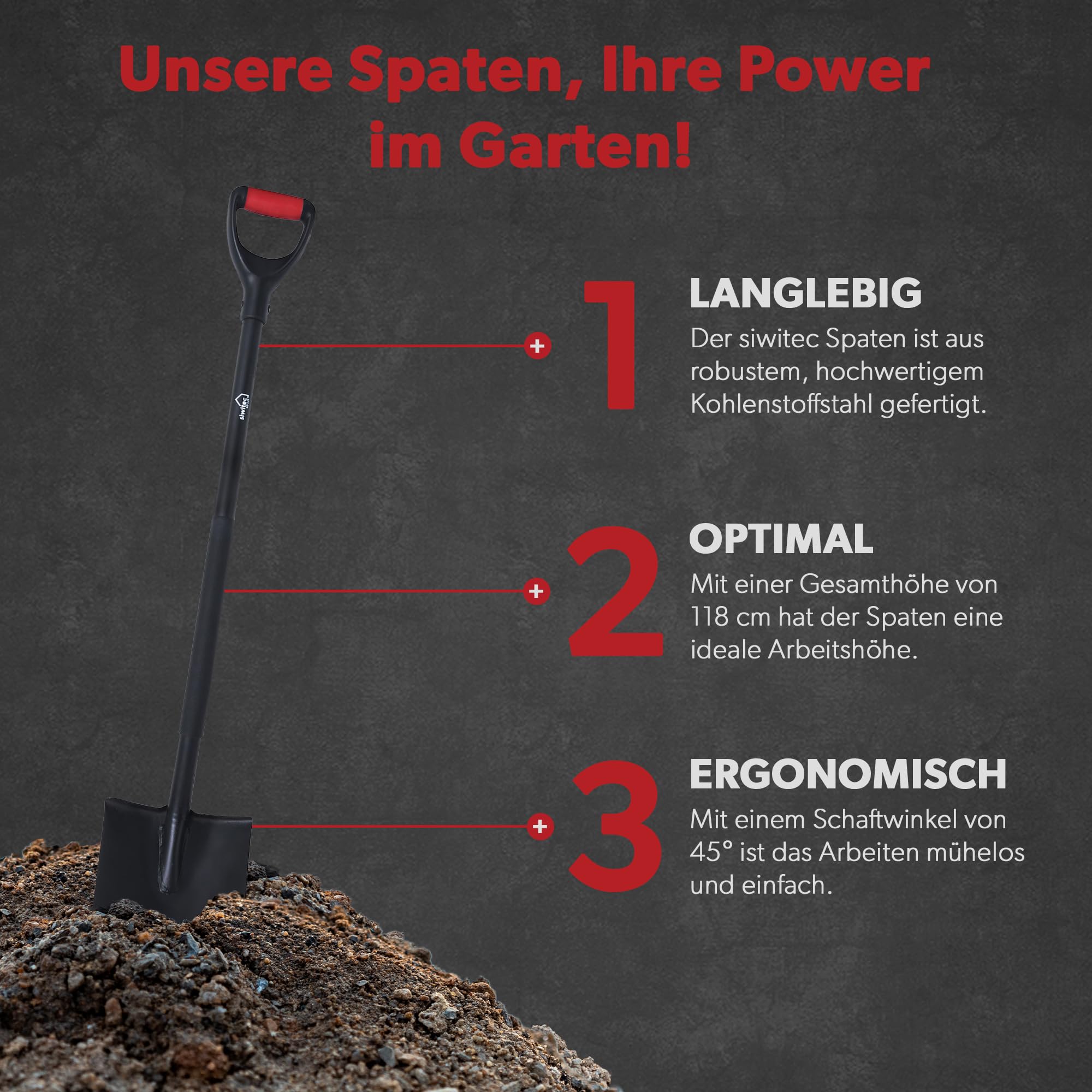 siwitec Gartenspaten rund SG-220 aus Stahl für weiche, steinarme Böden | ergonomischer Spaten | Länge: 118 cm | Schwarz | Garten | Schaufel | Gärtnerspaten