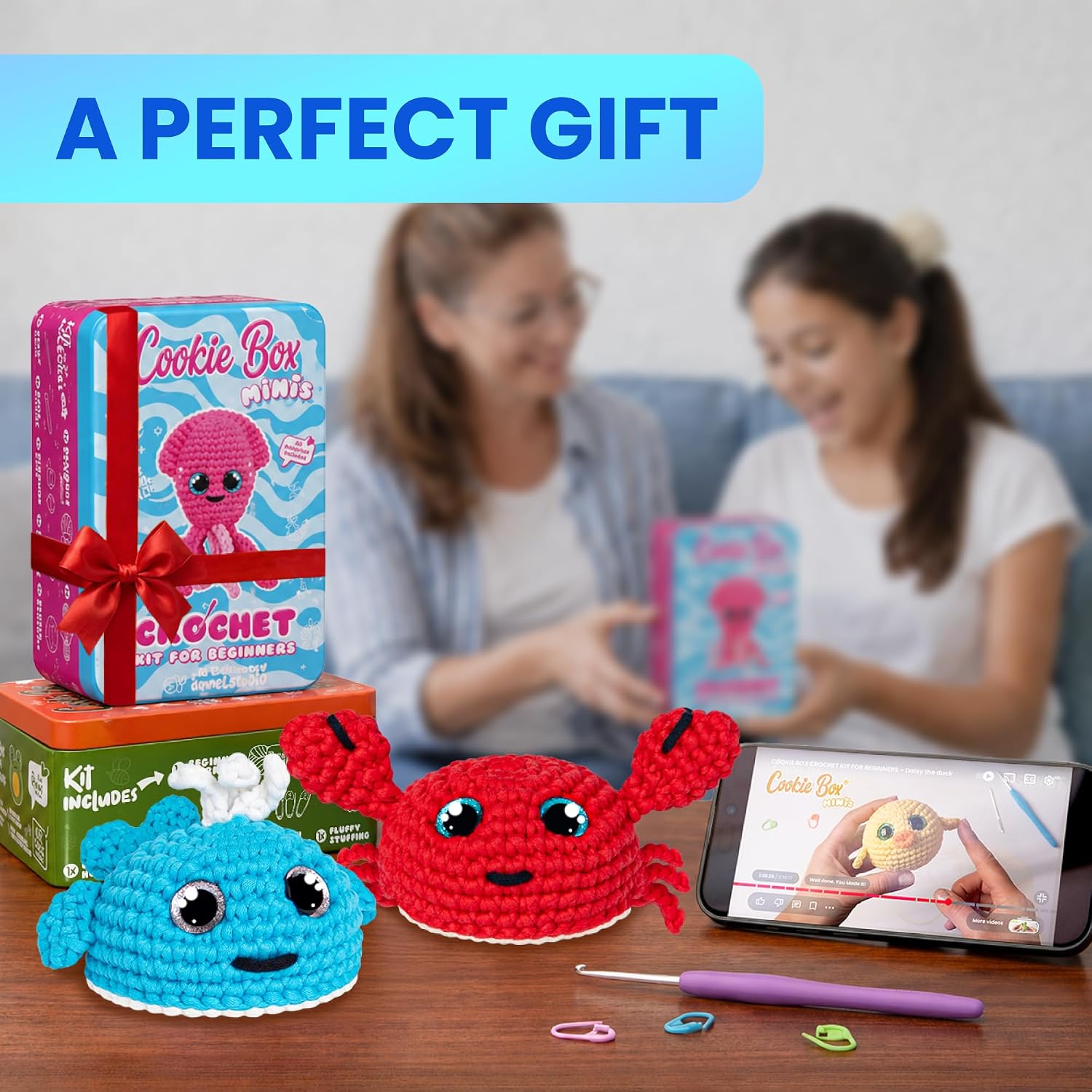 Cookie Box MINIs Crochet Kit for Beginners – Gift Set to Make Whale Luna Amigurumi Plushie – Easy DIY Crochet & Knitting Starter Kit with Printed Instructions & Step-by-Step Video Tutorial