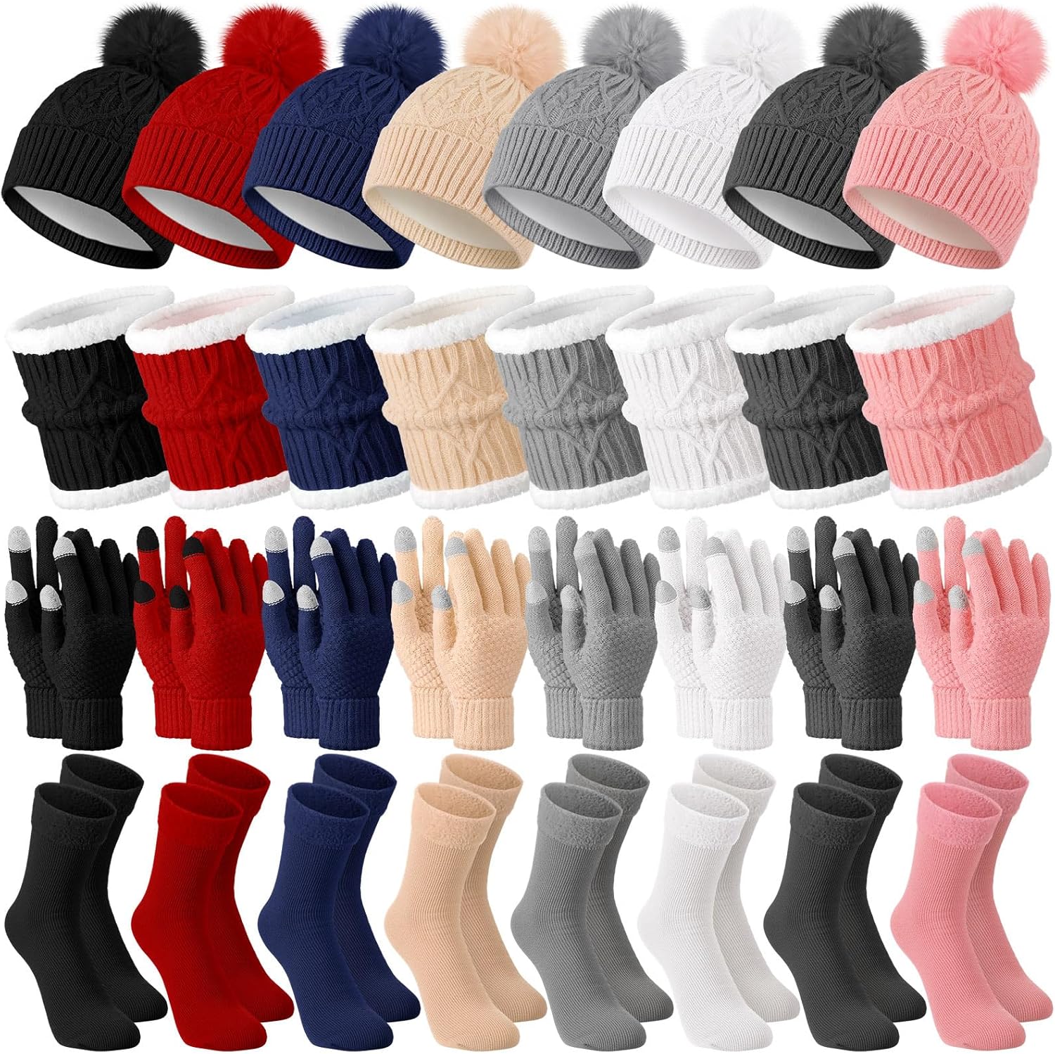 Wesiti 32 Pcs Valentine Winter Beanie Hat Scarf Gloves Sets for Women Warm Fleece Scarf Touch Screen Glove with Sock for Gift