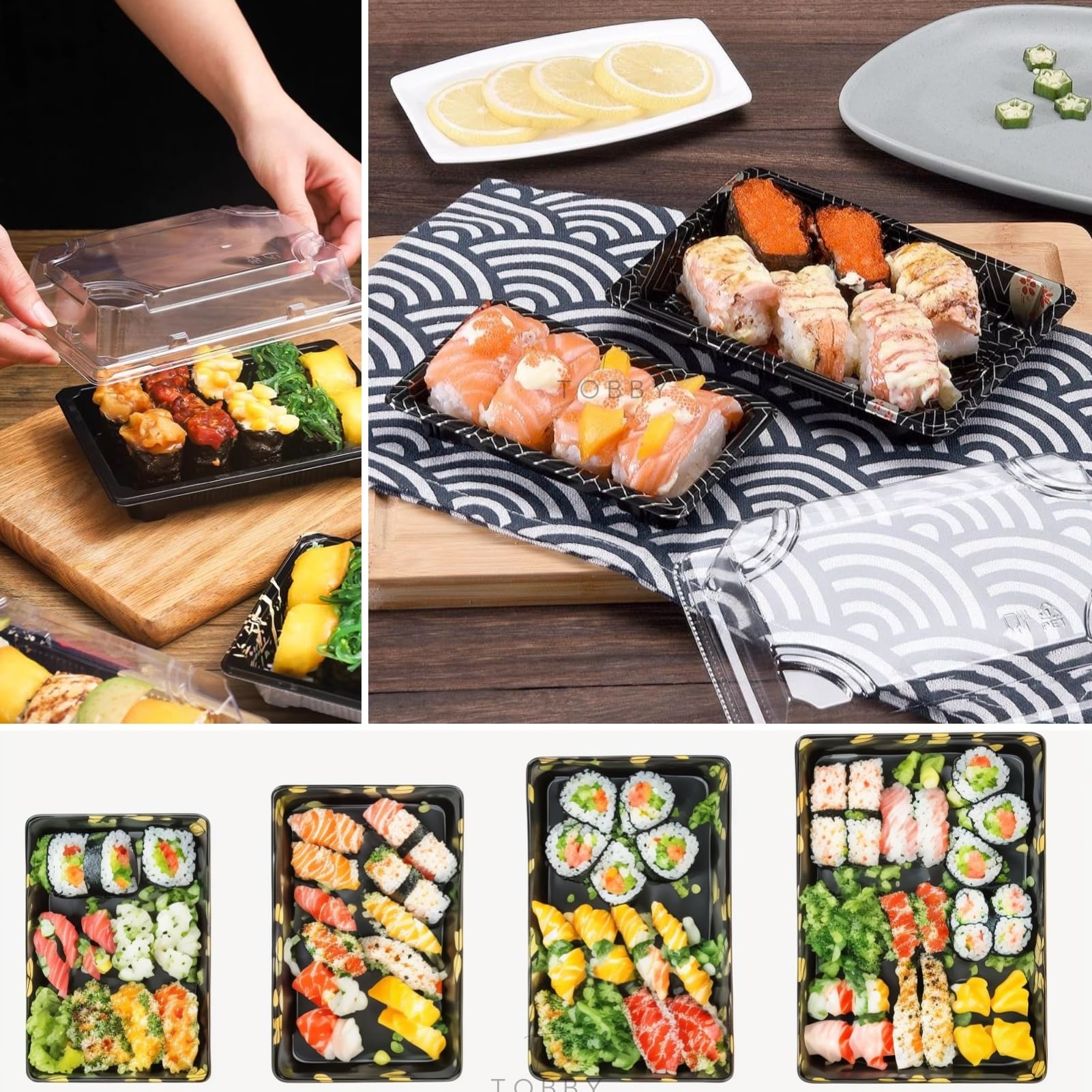 50 Uds Bandejas Reutilizables para Sushi,Envases de Plástico para Comida,Dulces,y Bocadillos,Juego de Bandejas Rectangulares para Sandwiches,Catering,Banquetes,Bodas,Cumpleaños,Baby Shower y Fiesta
