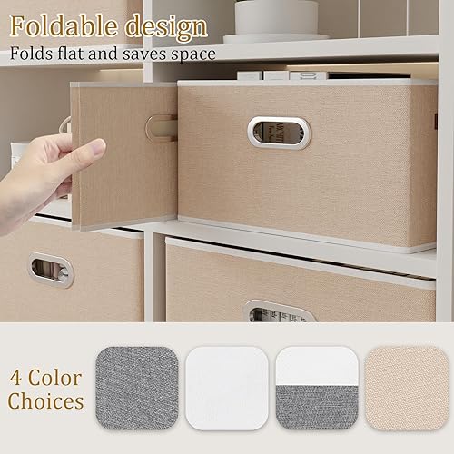Miniatura 7 de Yawinhe  Cajas de almacenamiento de tela con asas, cestas plegables para estantes, cubos con 3 asas, cajas grandes para ropa, color beige, 16.9" L x