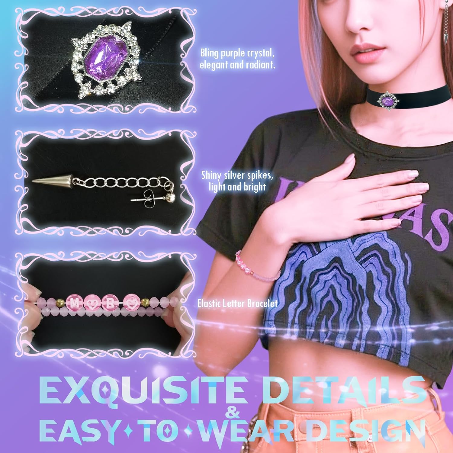 NEOVISTA Kpop Demon Inspired Jewelry Set – Mira Velvet Purple Gem Choker Necklace (Adjustable) + Stainless Steel Spike Earrings – Cosplay Accessories & Fan Gift for Teens & Women