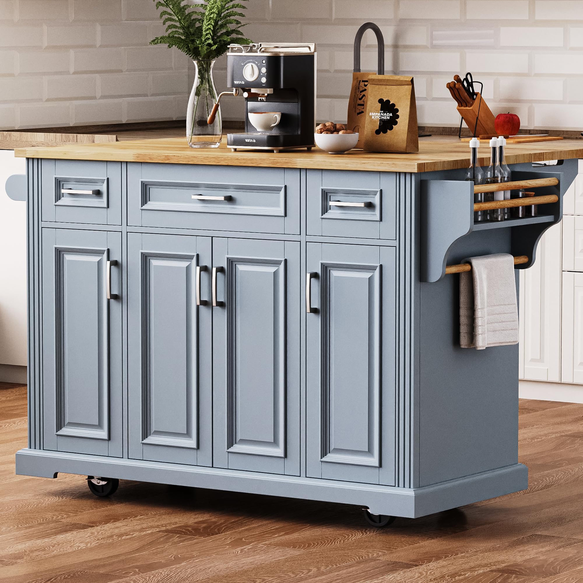 54inch Kitchen Island with 11.8" Drop Leaf, 4 Doors and 3 Deep Drawers, Embossed Texture Rolling Kitchen Cart on 4 Wheels, Moveable & Stationary Kitchen Island for Dining Room (Grey Blue/268)