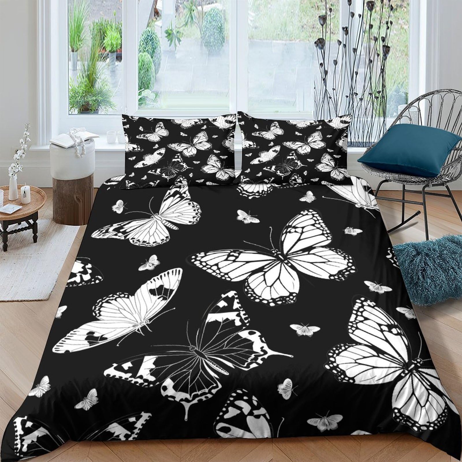 Ctjqhvkz Style-4 3D Printed Black Butterfly Fitted Sheet Microfiber Soft Bedroom Decor White Butterfly Mattress Cover Single（135X200cm）