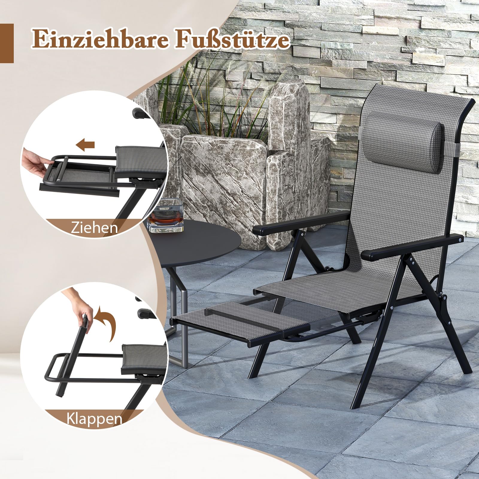 COSTWAY Gartenstuhl mit ausziehbarer Fußstütze, Hochlehner Klappstuhl mit 10-Fach Verstellbarer Rückenlehne & Kopfstütze, Balkonstuhl, klappbarer Terrassenstuhl für Garten, Balkon, Terrasse