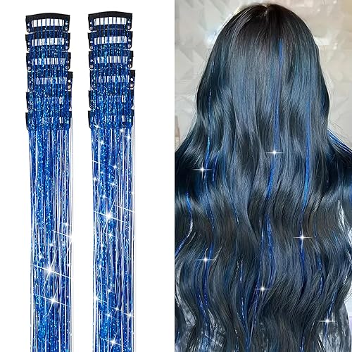 12 extensiones de cabello de oropel con clip de 19.6 pulgadas con purpurina, resistentes al calor, kit de oropel de hada brillante para mujeres