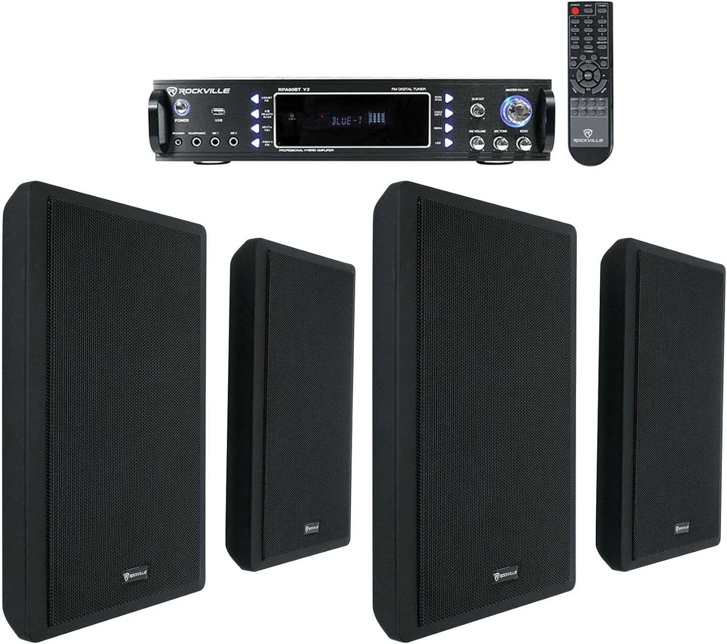 Rockville RockSlim Black Bundle: (4) 5.25" 240W Peak Per Pair Wall Mount Speakers, RPA60BT V2 1000W 2-Channel USB Bluetooth Karaoke DJ Amplifier Mixer, for Restaurant/Bar/Cafe, 5 Items