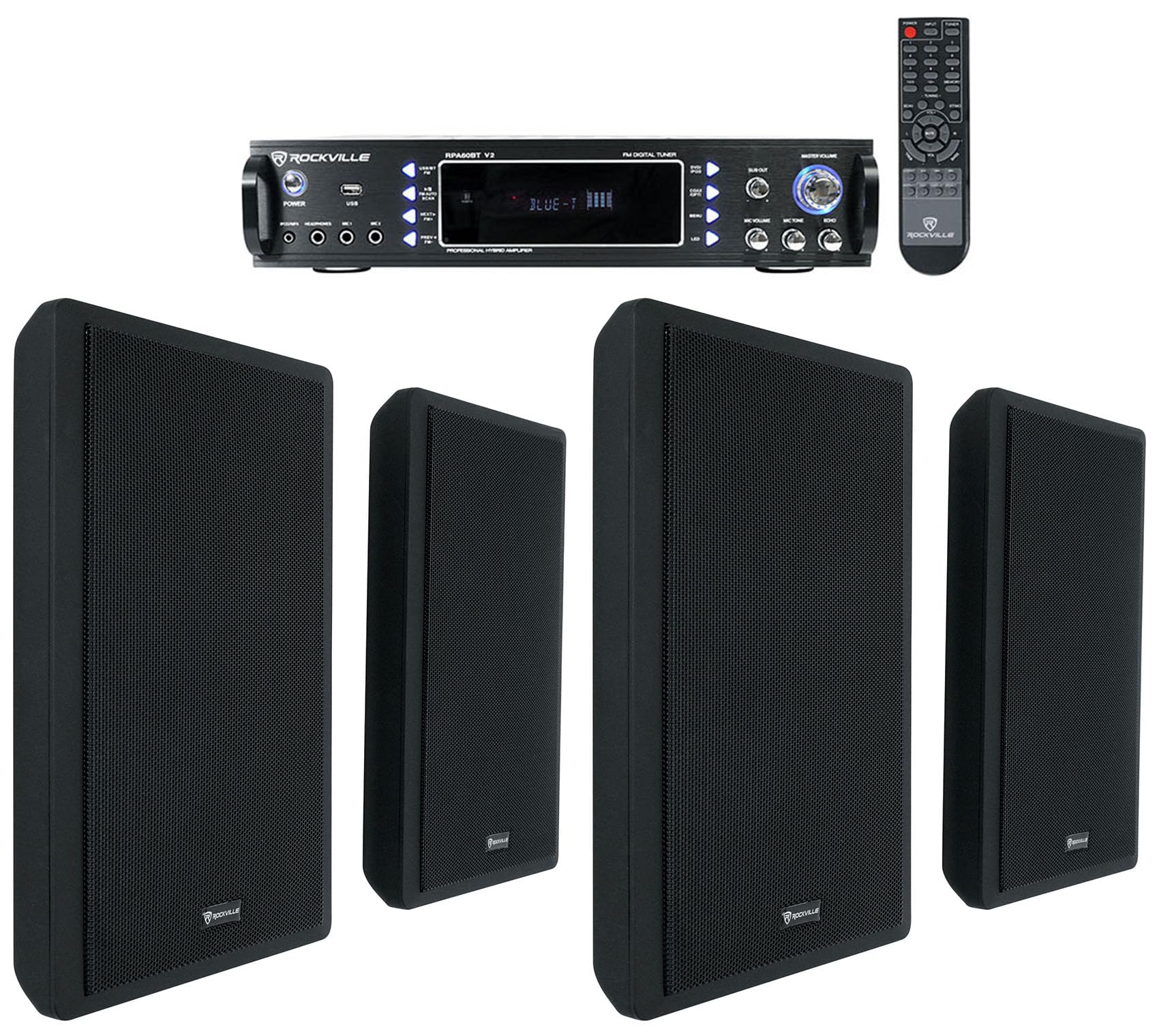 Rockville Bundle: RPA60BT V2 1000-Watt 2-Channel USB Amplifier Mixer Bundle with (2) Pairs of RockSlim Black 5.25" 240-Watt Slim Home Theater Wall-Mount Speakers (3 Items)