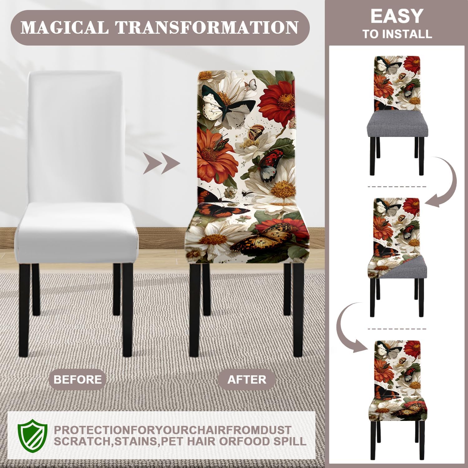 Chair Covers Slipcovers Set of 4, Spandex Super Fit Stretch Removable Washable Anti-dust Chair Seat Cover for Kitchen,Wedding,Party (4, Butterfly)