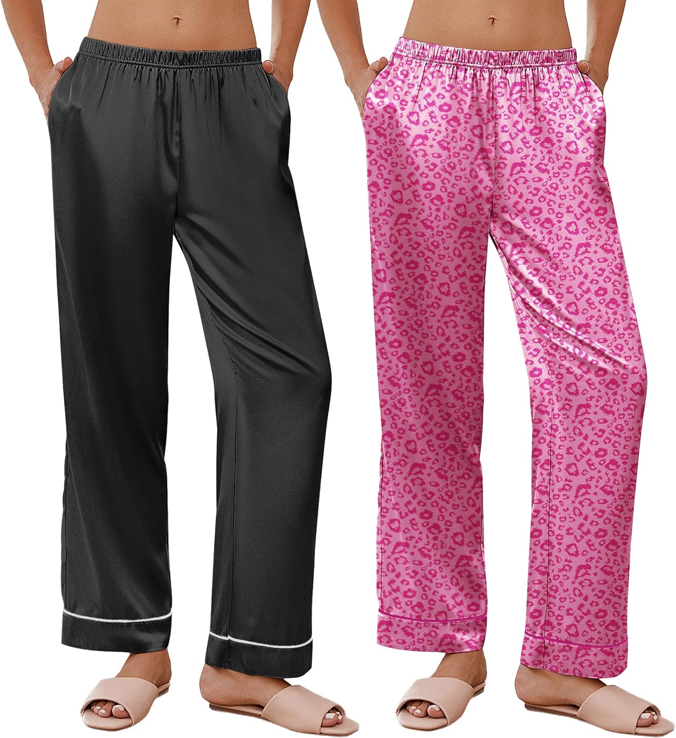 Ekouaer 2 Pack Women Silk Satin Pajamas Pants Wide Leg Comfy Lounge Pants Loose Elastic Waist Pj Bottoms with Pockets Black and Pink Leopard XL
