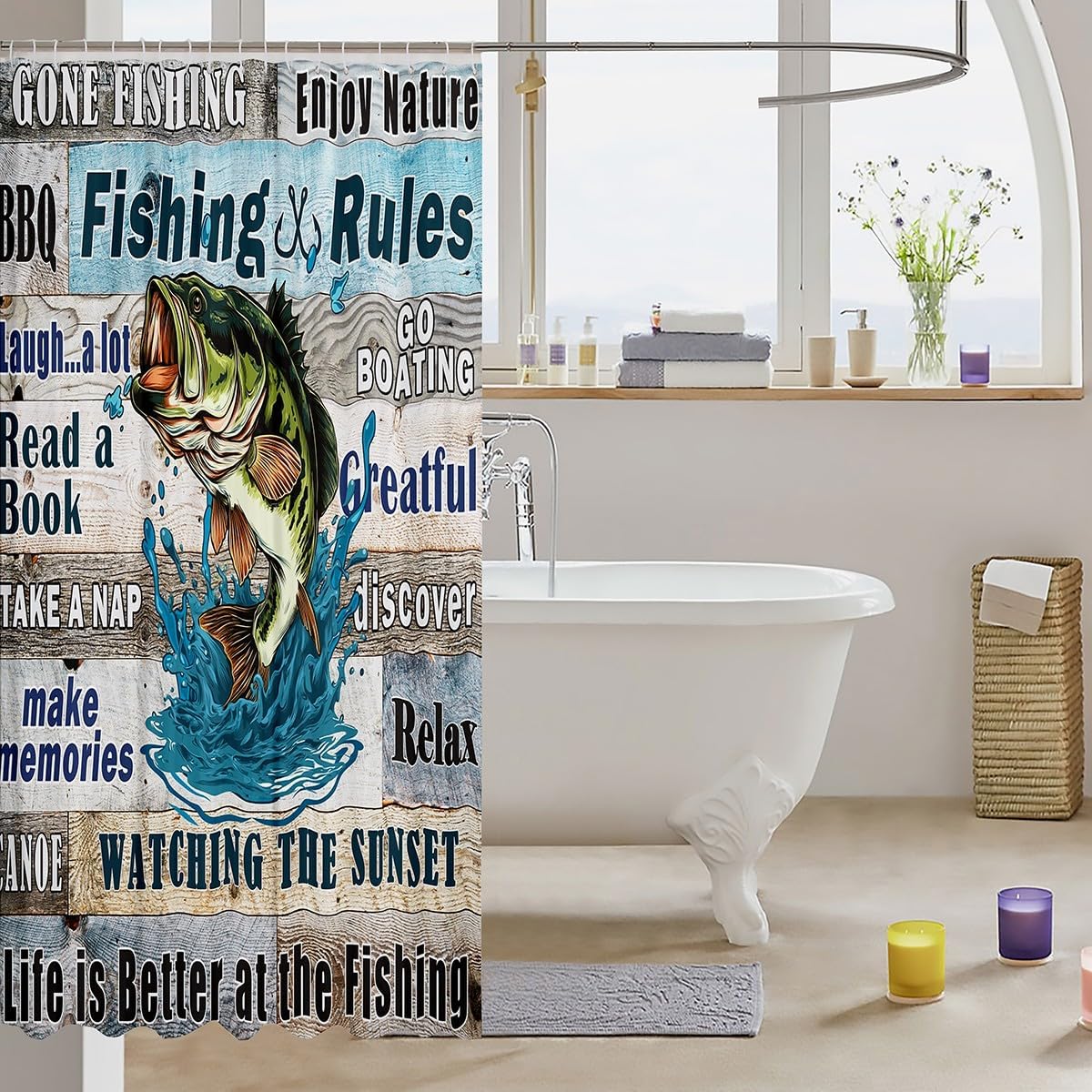 Bass Fish Fishing Theme Kids Shower Curtains,Lake House Cabin Camper Bathroom Curtains for Girls Boys Adults,Teal Wooden Plank Rustic Farmhouse Waterproof Curtains,12 Hooks Suits,72" W x 84" L