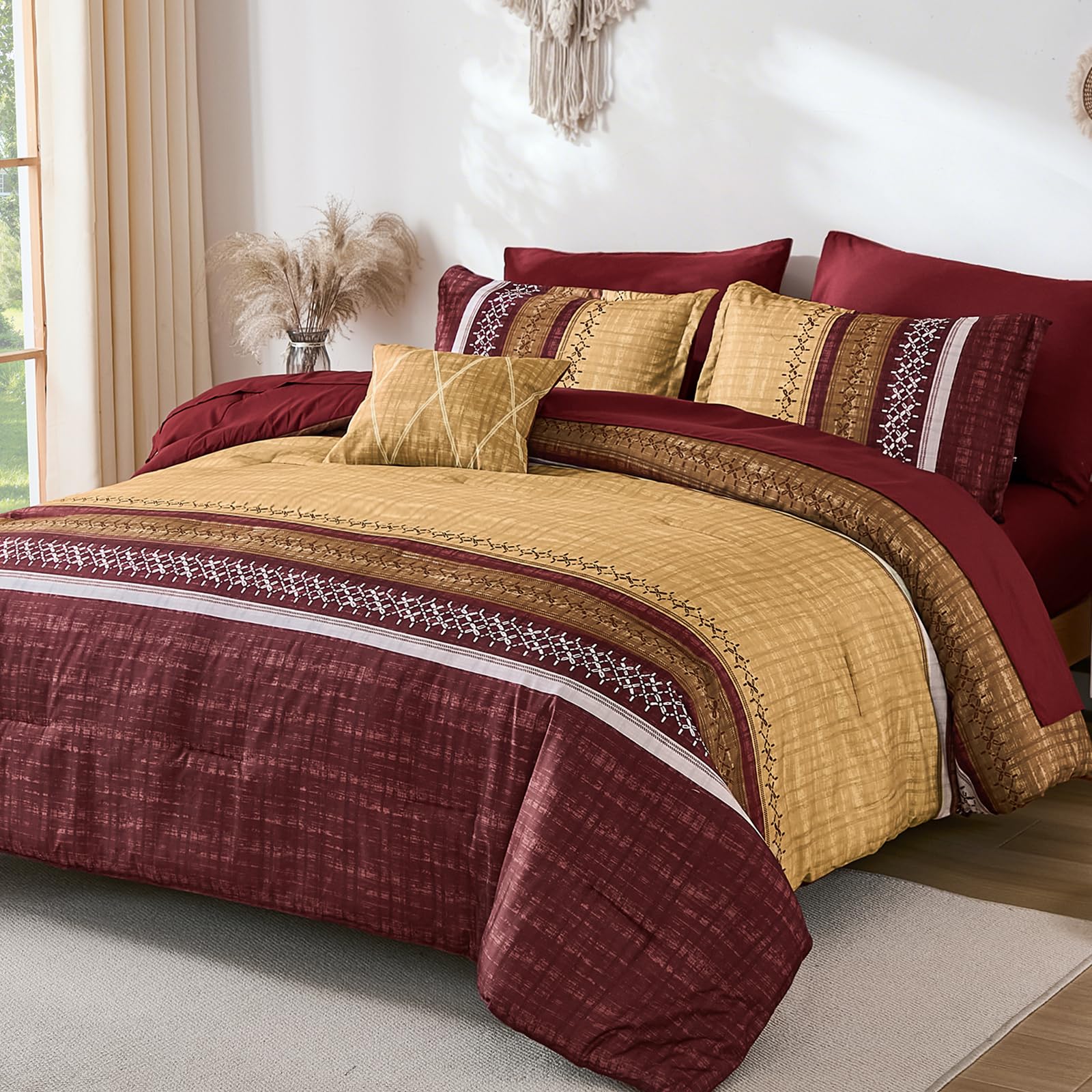 Dintszyayue Burgundy King Comforter Size Set, 8 Pieces Boho Striped Texture Bed in a Bag Sets, Lightweight Soft Bohemian Comforter and Sheet Set, All Season Microfiber Bedding Sets for Men Women