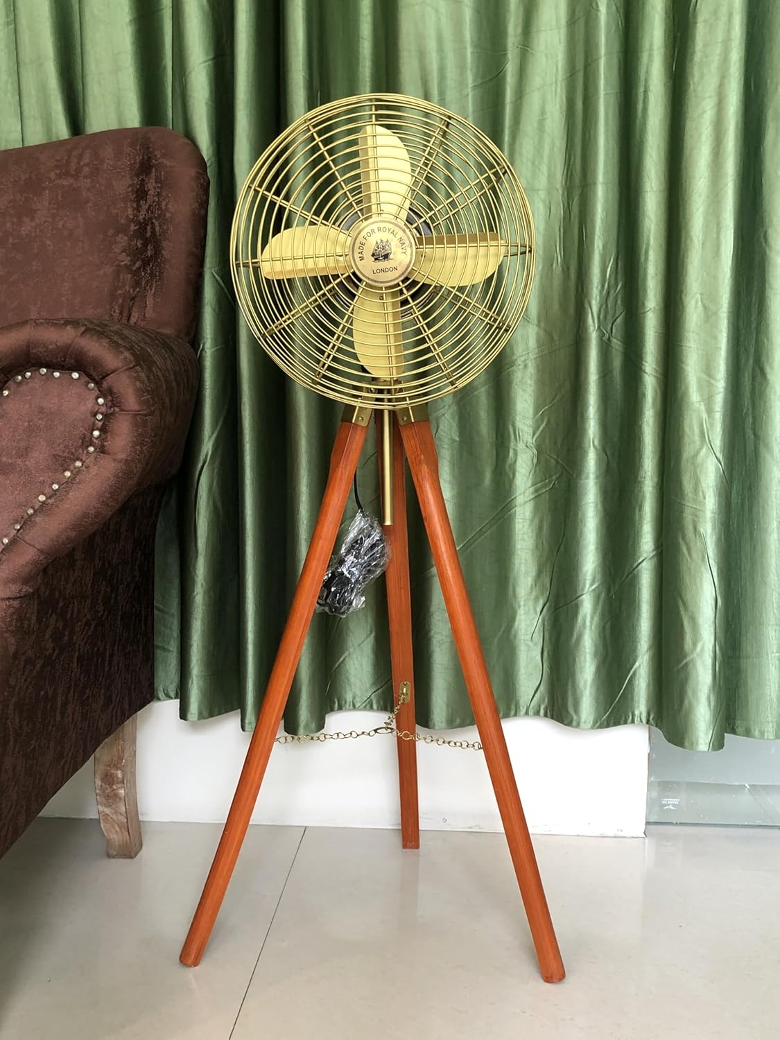 ARTIZANSTORE Vintage Style Brass Antique Tripod Fan With Stand Nautical Floor Fan Home Decorative Unique Collectible, Functional Vintage Home Decor