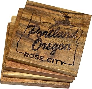 Portland Coasters, Portland Rose City Drink Coasters – Portland Gifts & Souvenirs, Engraved Acacia Wood Coasters with Portland Design – Portland Themed Gifts, Oregon Gifts (Set of 4)