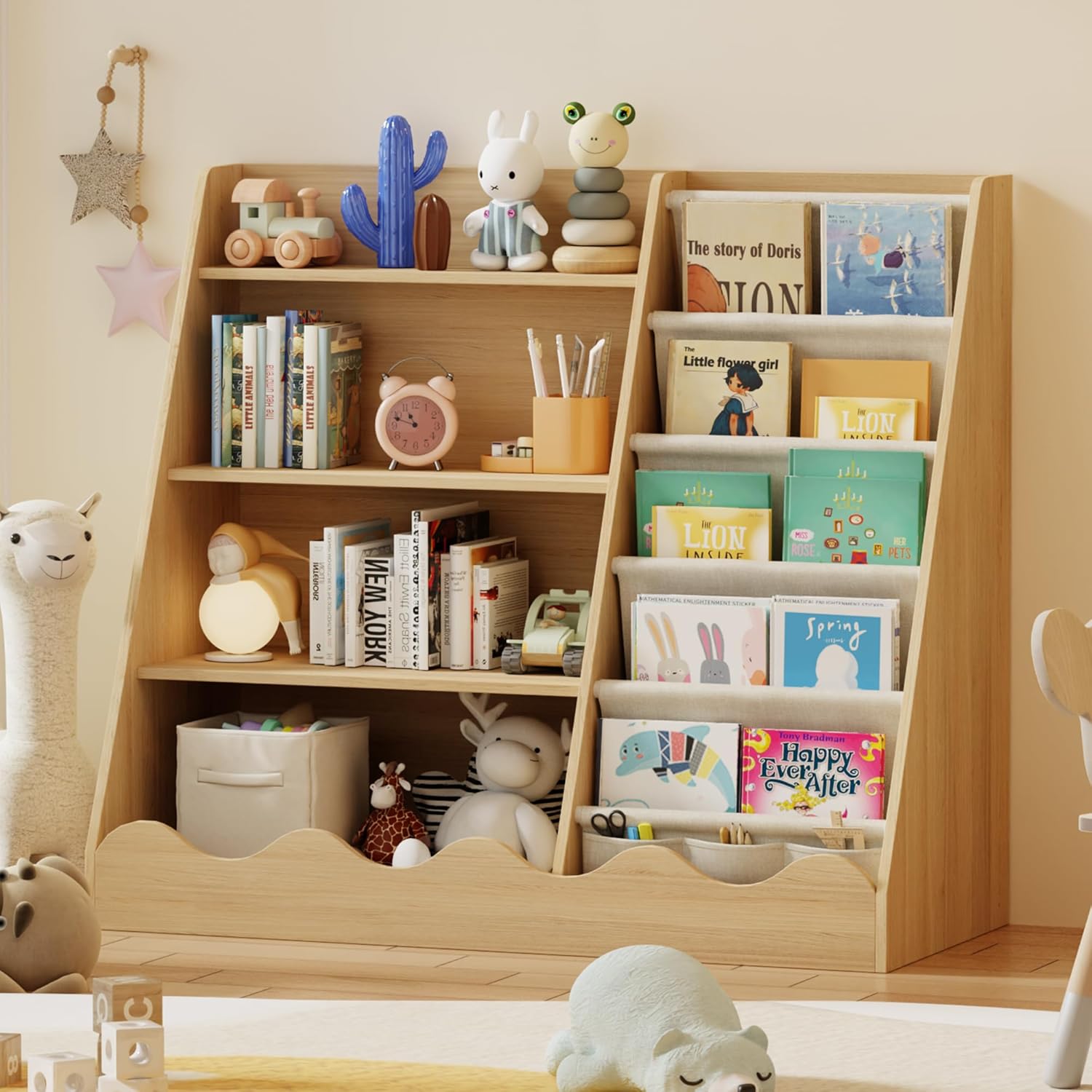 Wood Bookcase for Kids, 4 Tier Kids Bookshelf and Toys Storage Cabinet, Baby Bookshelf with Storage, 5 Shelf Bookcase, Montessori Bookcase Kids Room, Toddler Bookshelf for Nursery Classroom